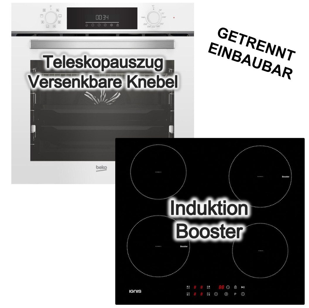 BEKO Backofen-Set Backofen SteamShine® weiß + Bauknecht Induktionskochfeld Booster Touch, mit 1-fach Teilauszug, Steam Clean