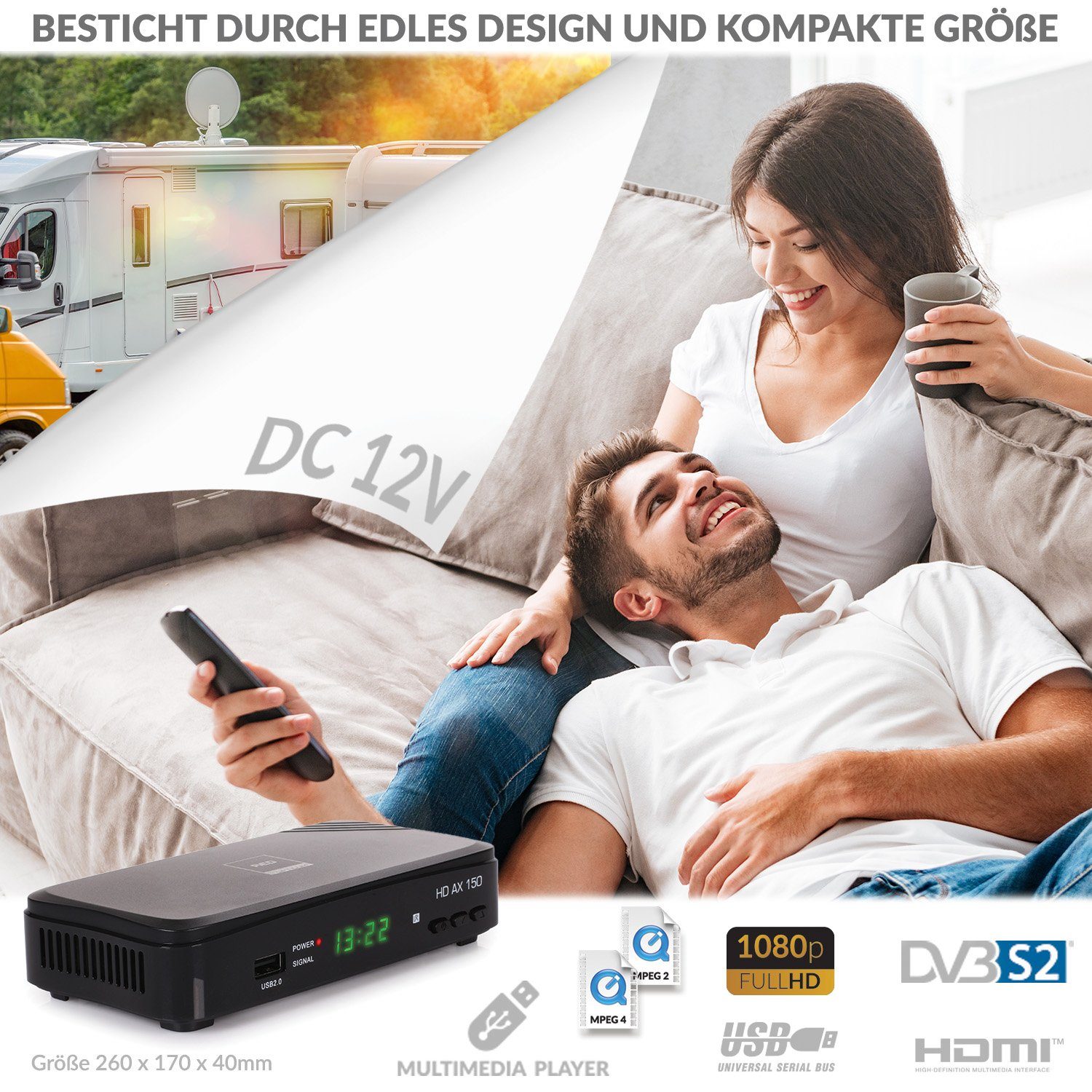 mit HDMI, Aufnahmefunktion USB, Camping AX HD (Aufnahmefunktion, Netzteil) SCART, OPTICUM RED 12V Coaxial, 150 SAT-Receiver 12V