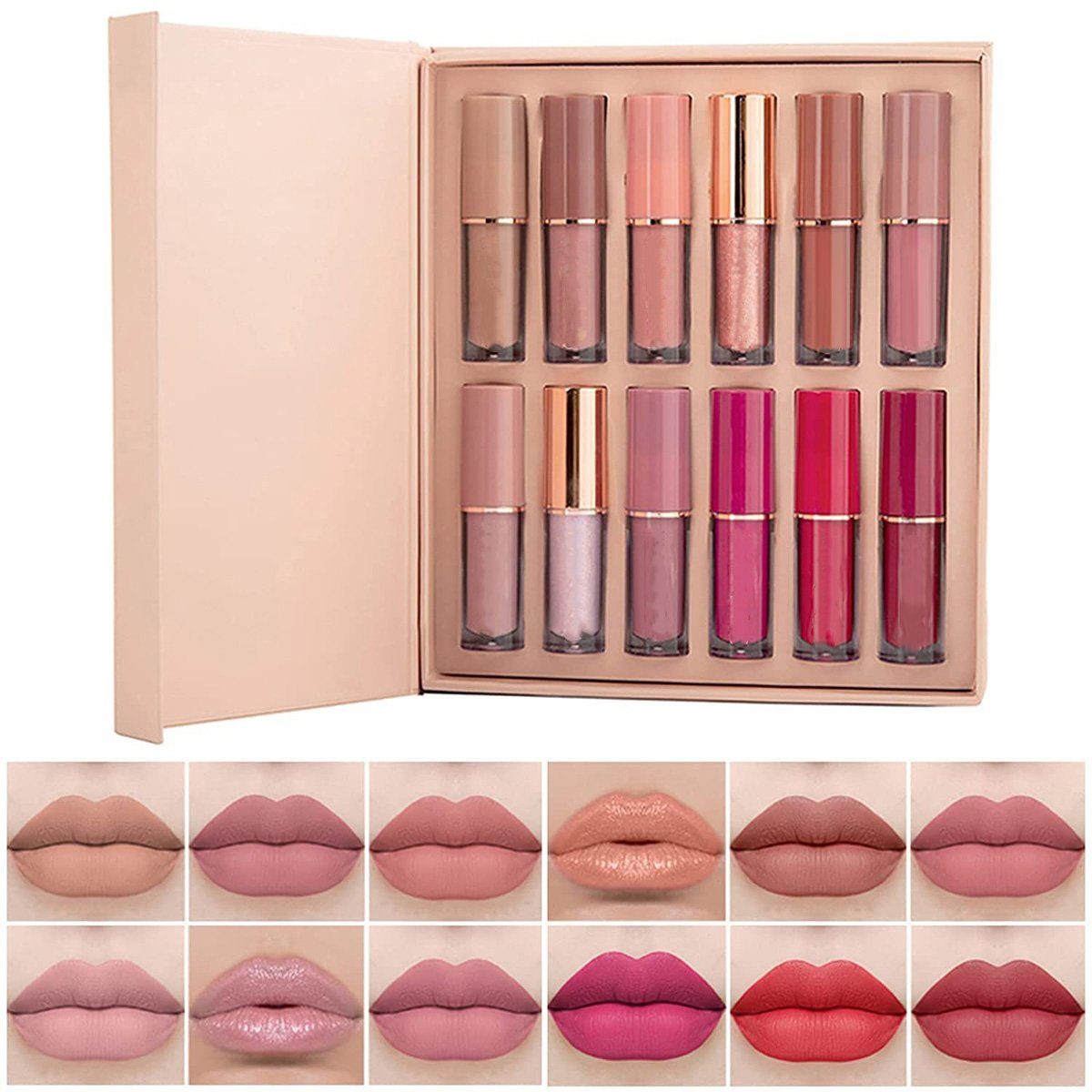 yozhiqu Lipgloss 12-Farben-Lippenstiftset, feuchtigkeitsspendender Lippenstift, 1-tlg., matt samtiger Lipgloss, wird in einer Geschenkbox geliefert