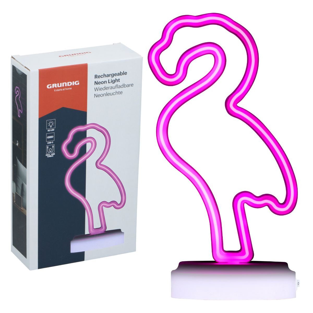 Grundig Tischleuchte Grundig Tischlampe Flamingo Neonlampe - Kabellos mit 42 LED