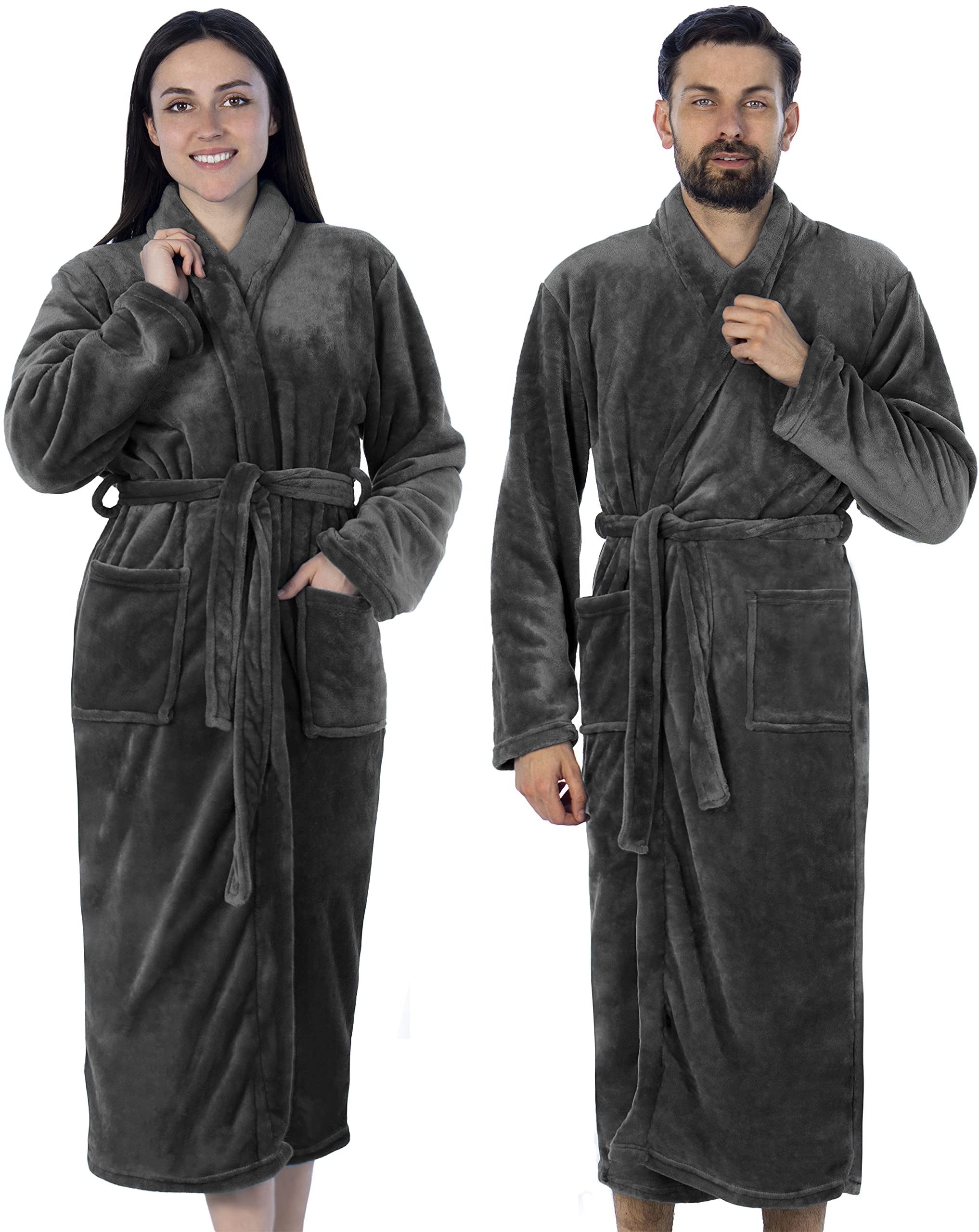 Gräfenstayn Unisex-Bademantel Damen Herren Kuschelfleece Bademantel Größe S-XXXL, warm & kuschelig, Waden bis Knöchellang, Fronttaschen, Gürtel, S-XXXL