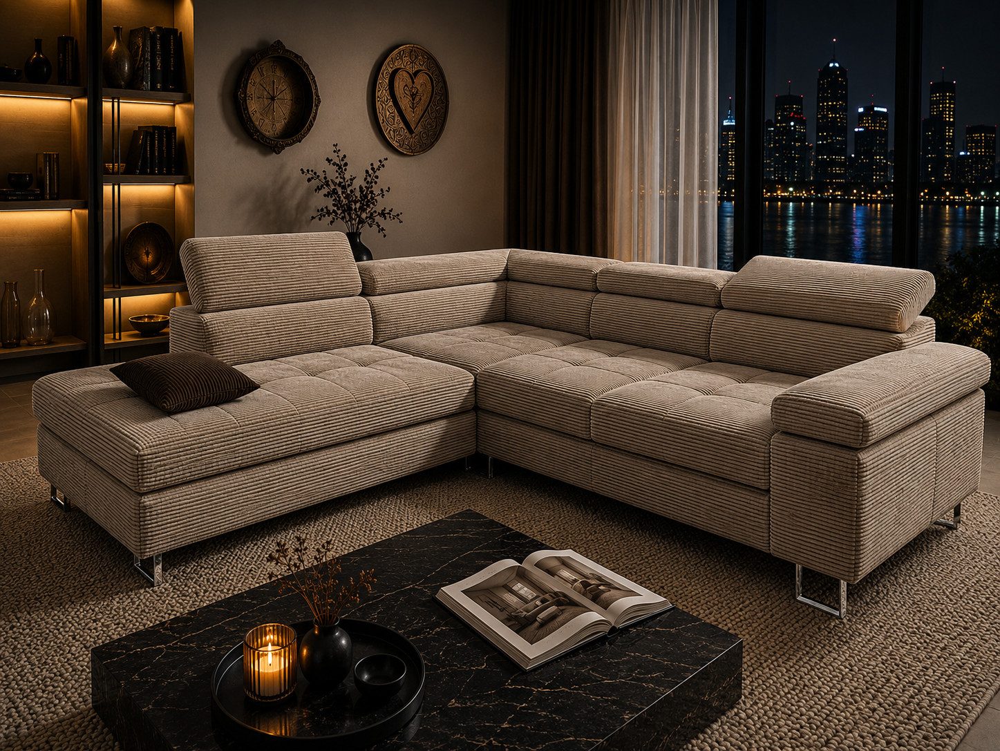 Goldstoff Ecksofa mit Schlaffunktion, Cord Couch für Wohnzimmer - Cord Ecksofa, Cord Sofa VOYAGE 2 Teile, Großer Bettkasten