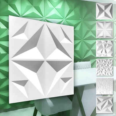 Hexim Wanddekoobjekt HD018 (PVC Kunststoff - weiße Wandverkleidung mit 3D Optik - Diamond Motive (2 qm 8 Platten) Mauerverkleidung streichen)