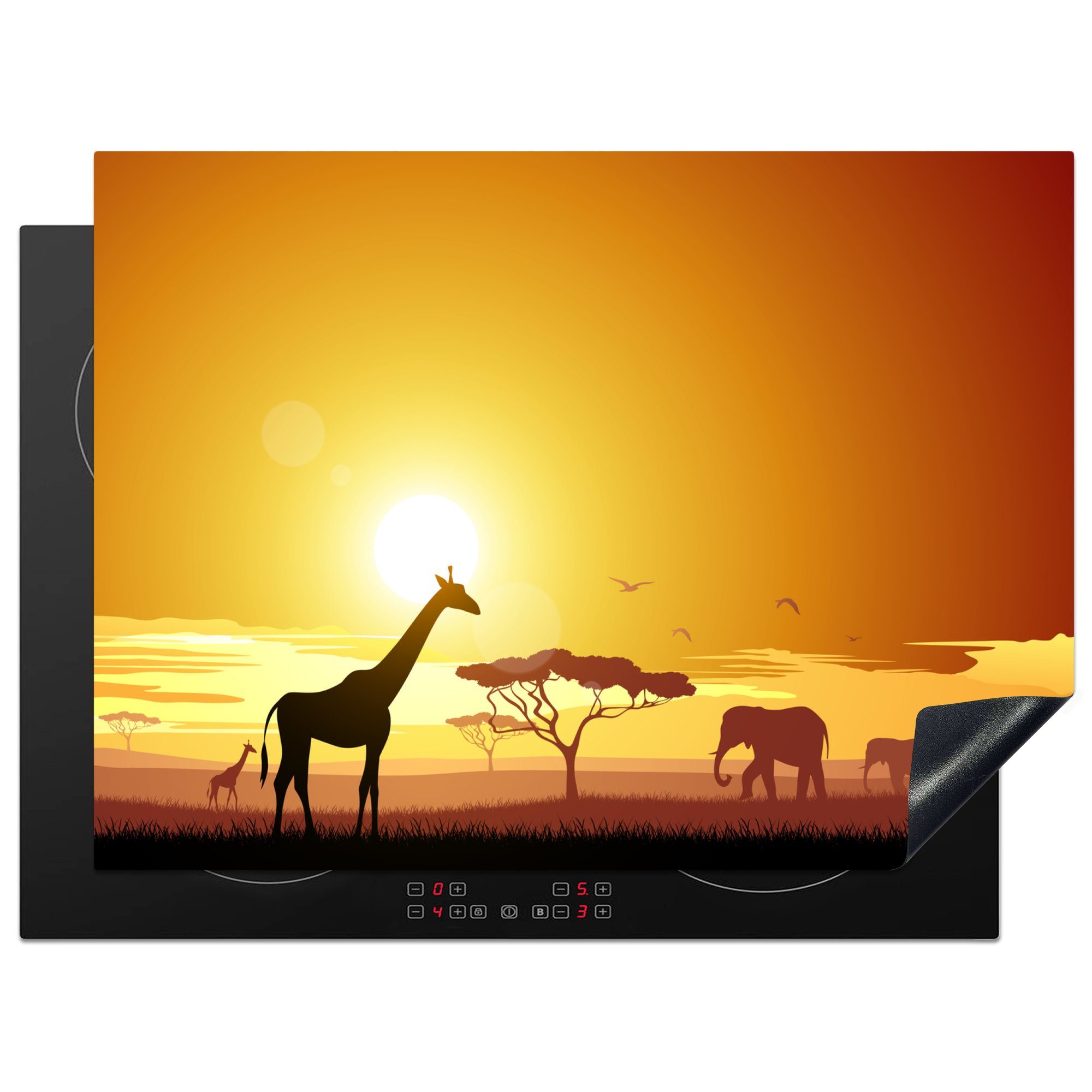 MuchoWow Herdblende-/Abdeckplatte Illustration eines afrikanischen Sonnenuntergangs mit einer Giraffe, Vinyl, (1 tlg), 70x52 cm, Mobile Arbeitsfläche nutzbar, Ceranfeldabdeckung