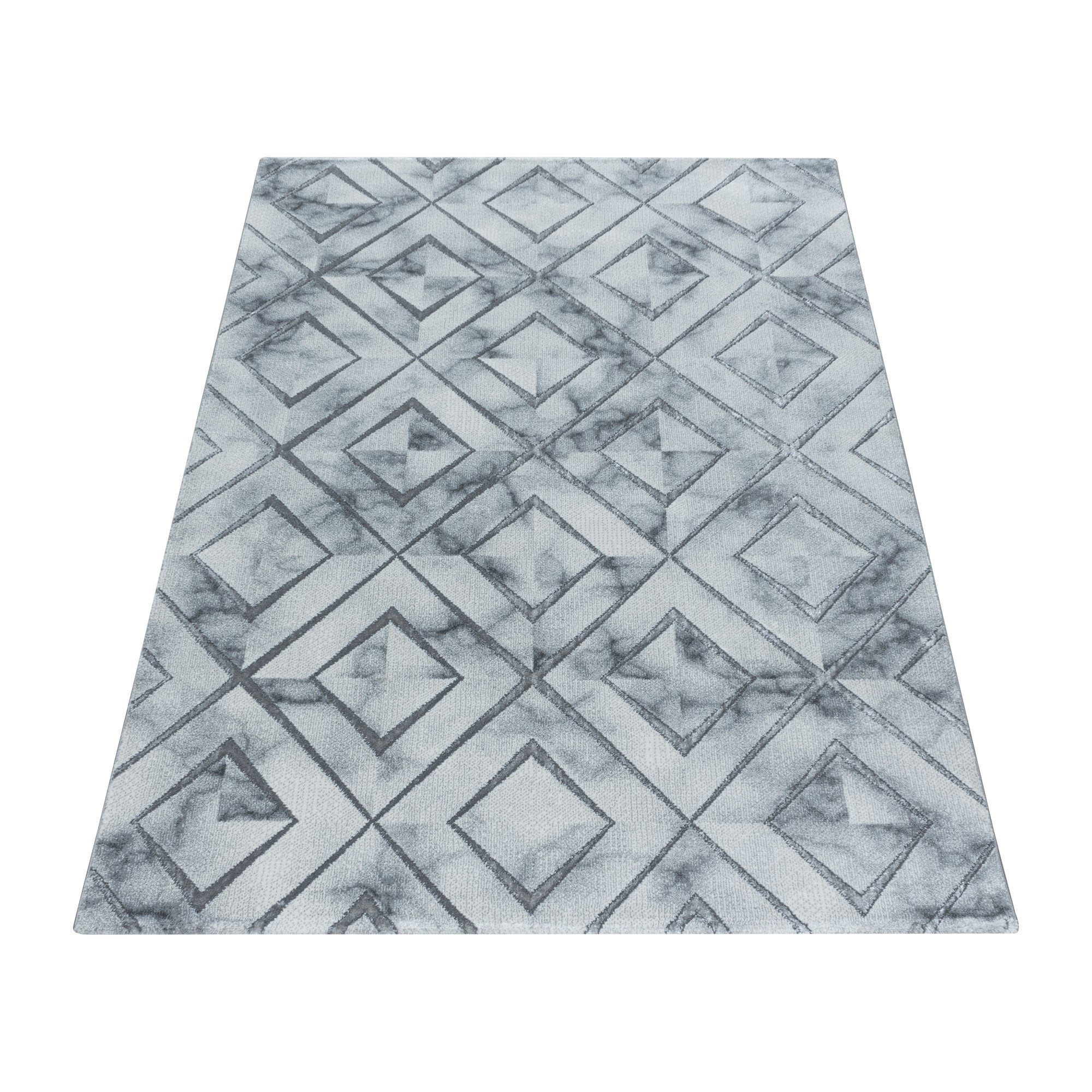 Designteppich Marmoroptik Flachflorteppich Kurzflorteppich Wohnzimmer Muster, Angeycasa Silber