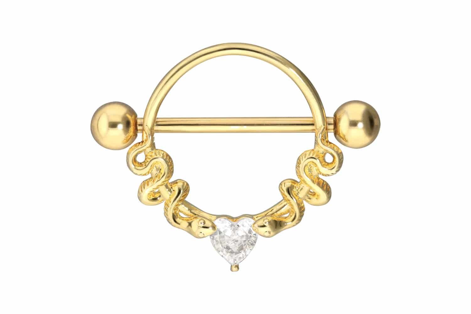 PIERCINGLINE Brustwarzenpiercing Chirurgenstahl Nippelpiercing KRISTALLHERZ + 2 SCHLANGEN (Barbells, 1-tlg), Brust-, Nippel-Piercing, Chirurgenstahl