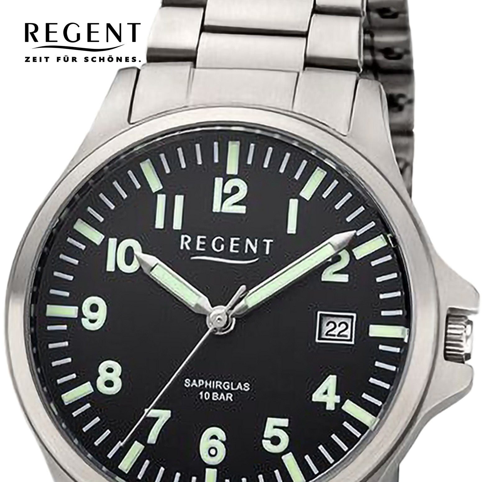 extra groß Analog, Regent Armbanduhr Herren Metallarmband (ca. Armbanduhr Regent Quarzuhr rund, Herren 36mm),