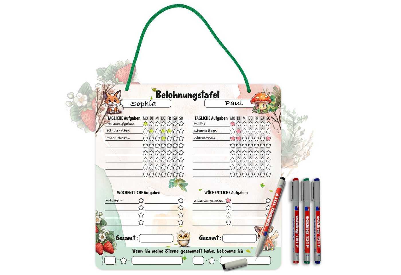 TOBJA Notizblock Belohnungstafel Kinder ab 3 - Aufgabenplaner abwischbar +4Stifte, Routine Planer Kinder inkl. 4 Markenstifte