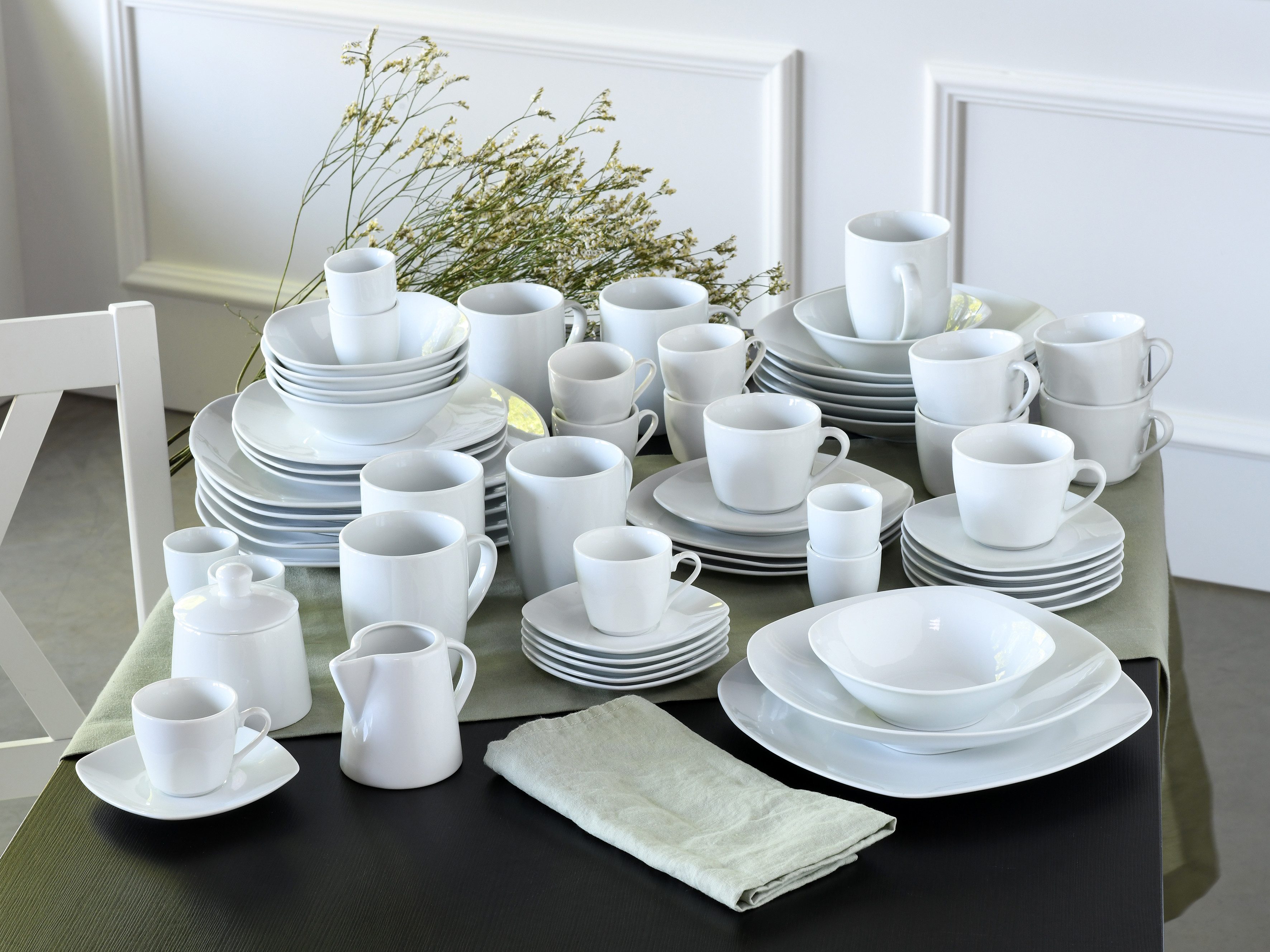 CreaTable Kombiservice Square Weiß, Kombi-Service 62-tlg (62-tlg), 6 Personen, Porzellan, Daily Use, Zeitlos