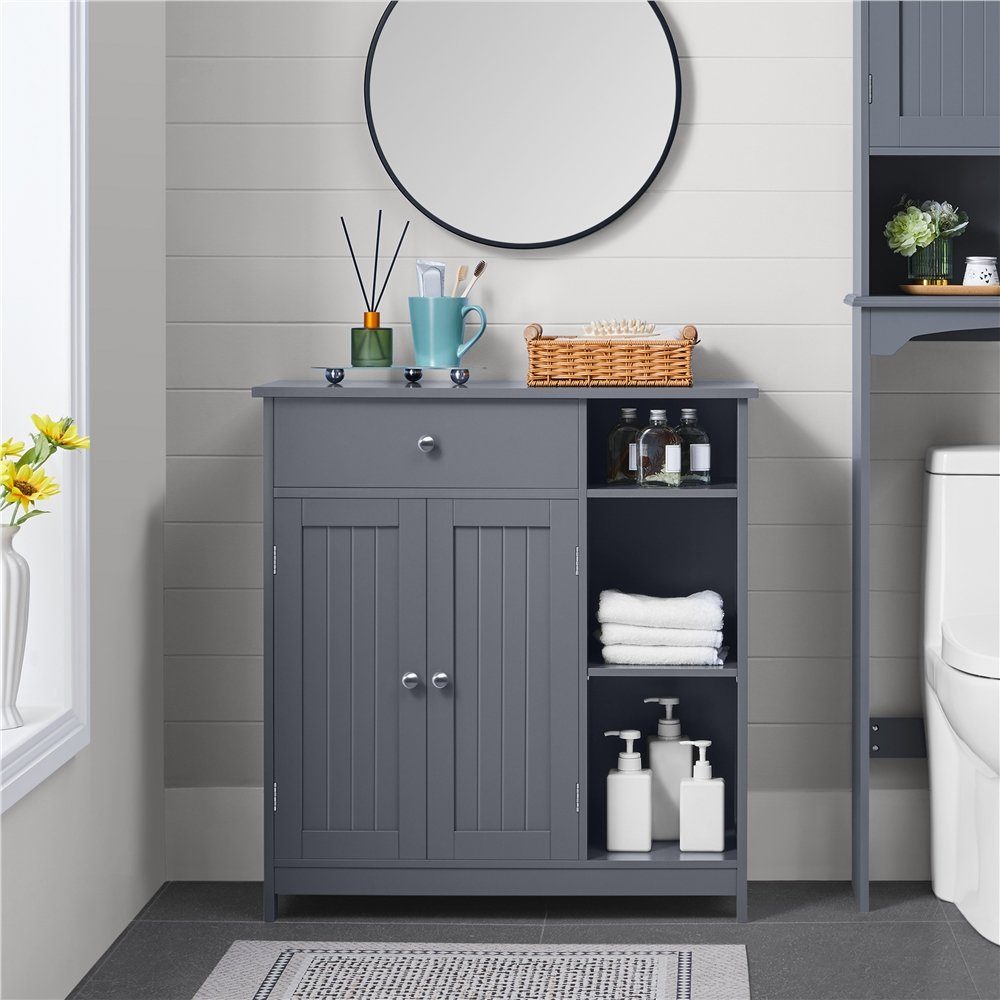 Yaheetech Badkommode Badezimmerschrank 75 x 30 x 80 cm, mit 1 Schublade & 6 Fächern mit verstellbaren Einlegeböden