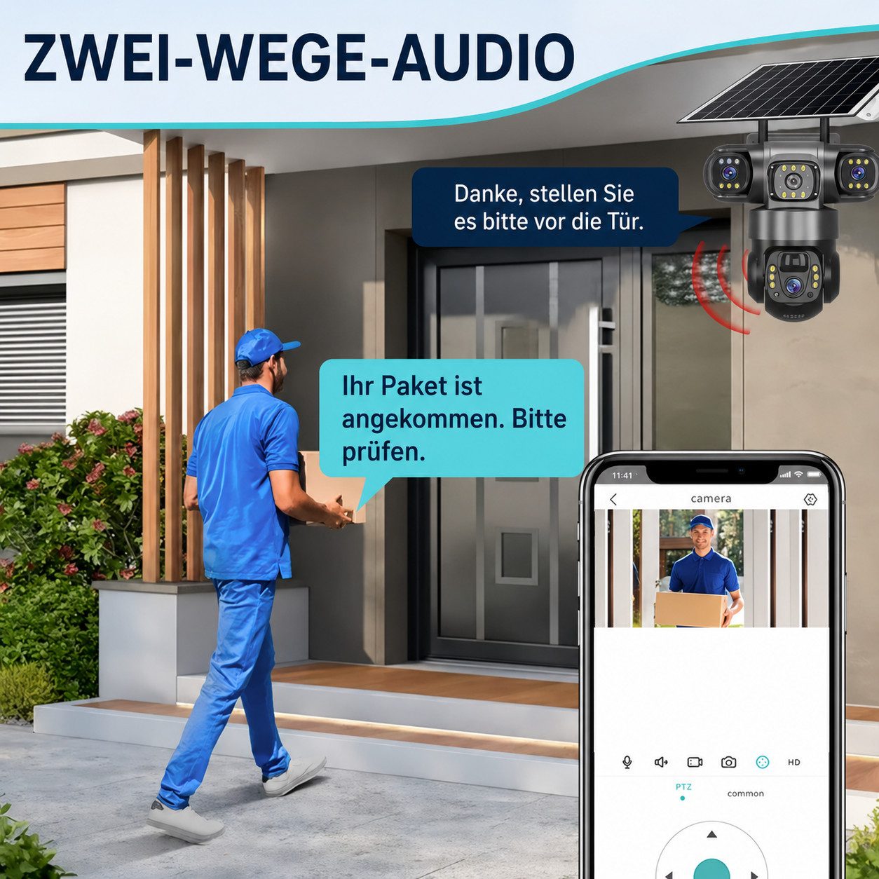 HS.SUPPLY Überwachungskamera Solar Überwachungskamera Außen WLAN PTZ 15MP 3-Linsen IP66 (Innenbereich, Außenbereich, Komplett-Set, Direkt einsatzbereit, Drei Objektive, Solarstromversorgung, PIR-Personenerkennung)