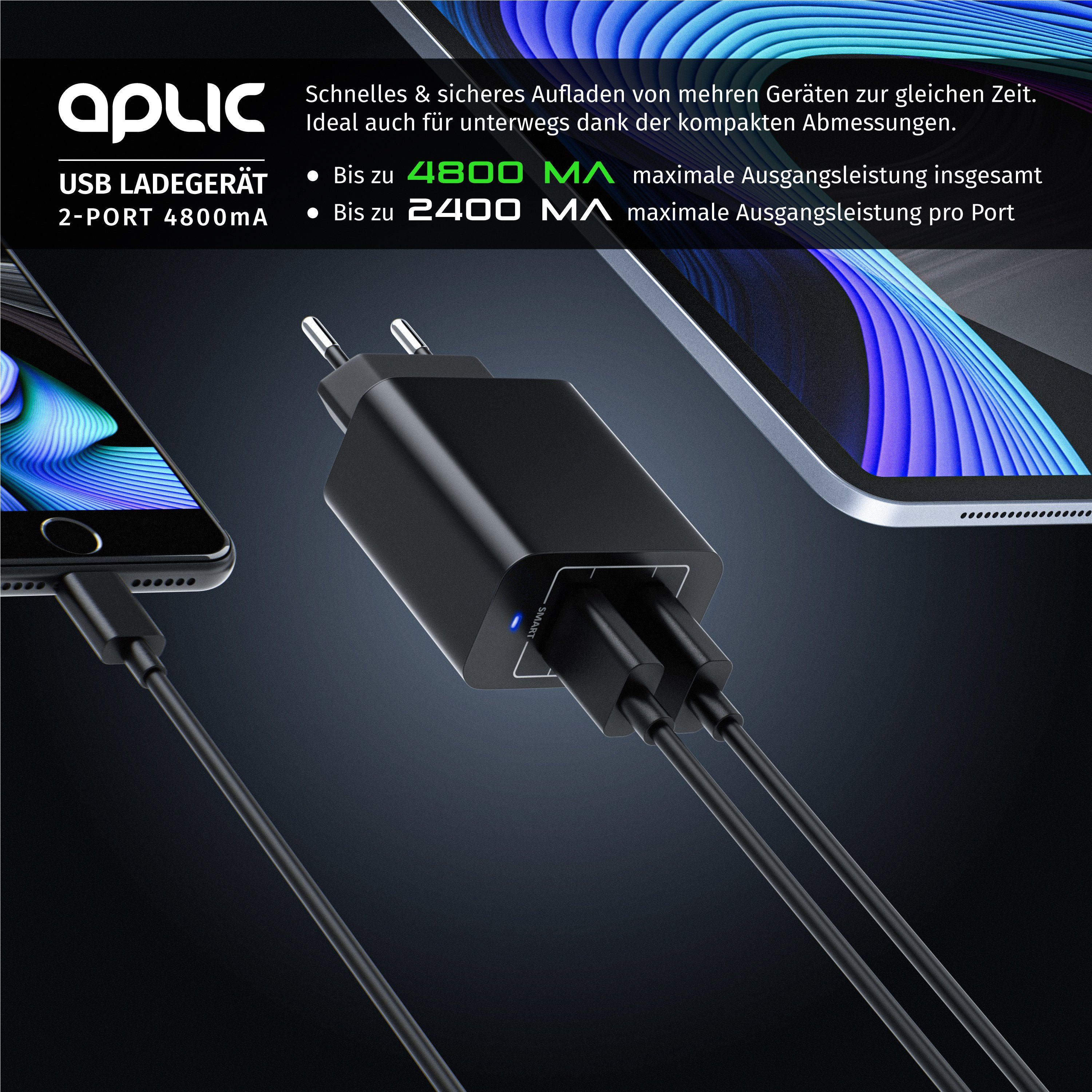 Aplic 2-Port Netzteil für Handy/Smartphone/Tablet, 4800mA -2400mA je Port USB-Ladegerät (4800 mA, 24 Watt Dual Port Smart USB Charger mit Power LED, 4800mA insgesamt)
