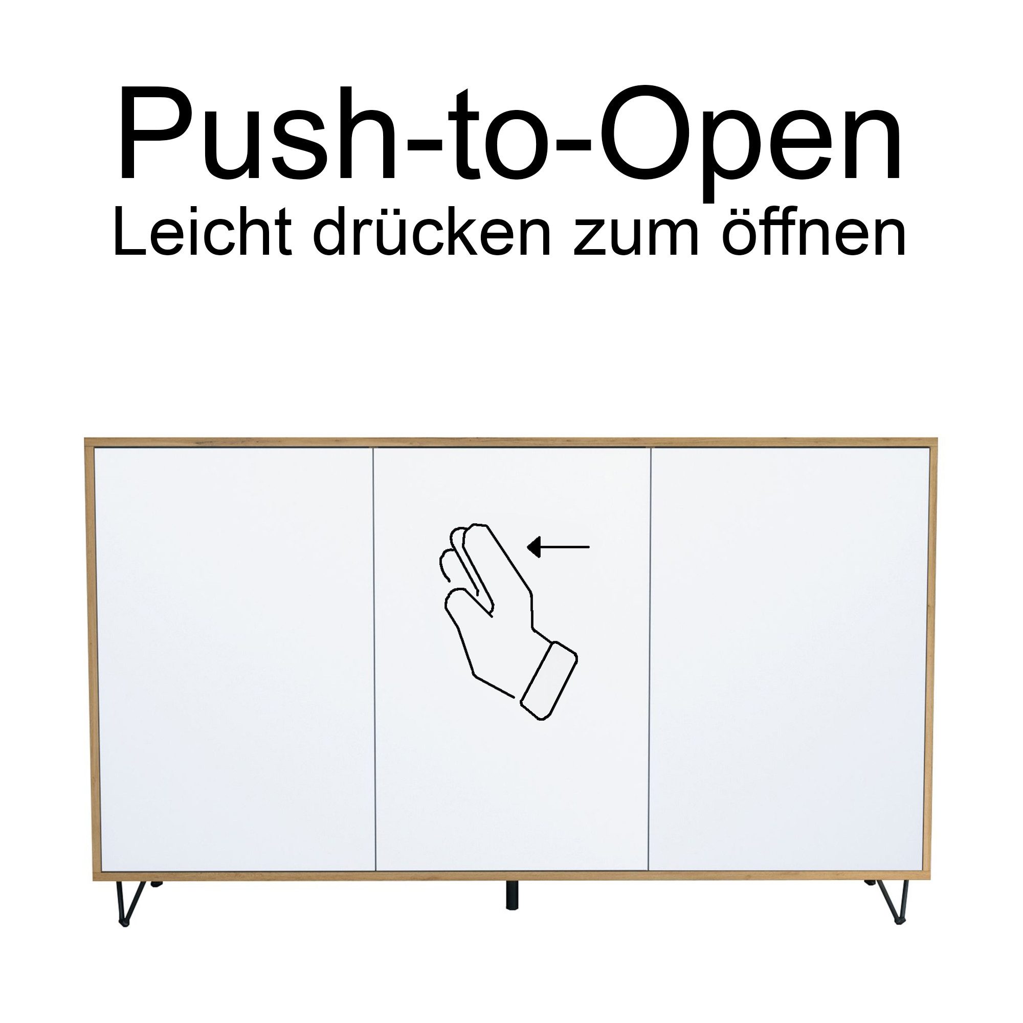 InnoFurn Sideboard Elisa, Kommode mit 3 Türen Push-to-Open, Made in Germany, Moderner Schrank