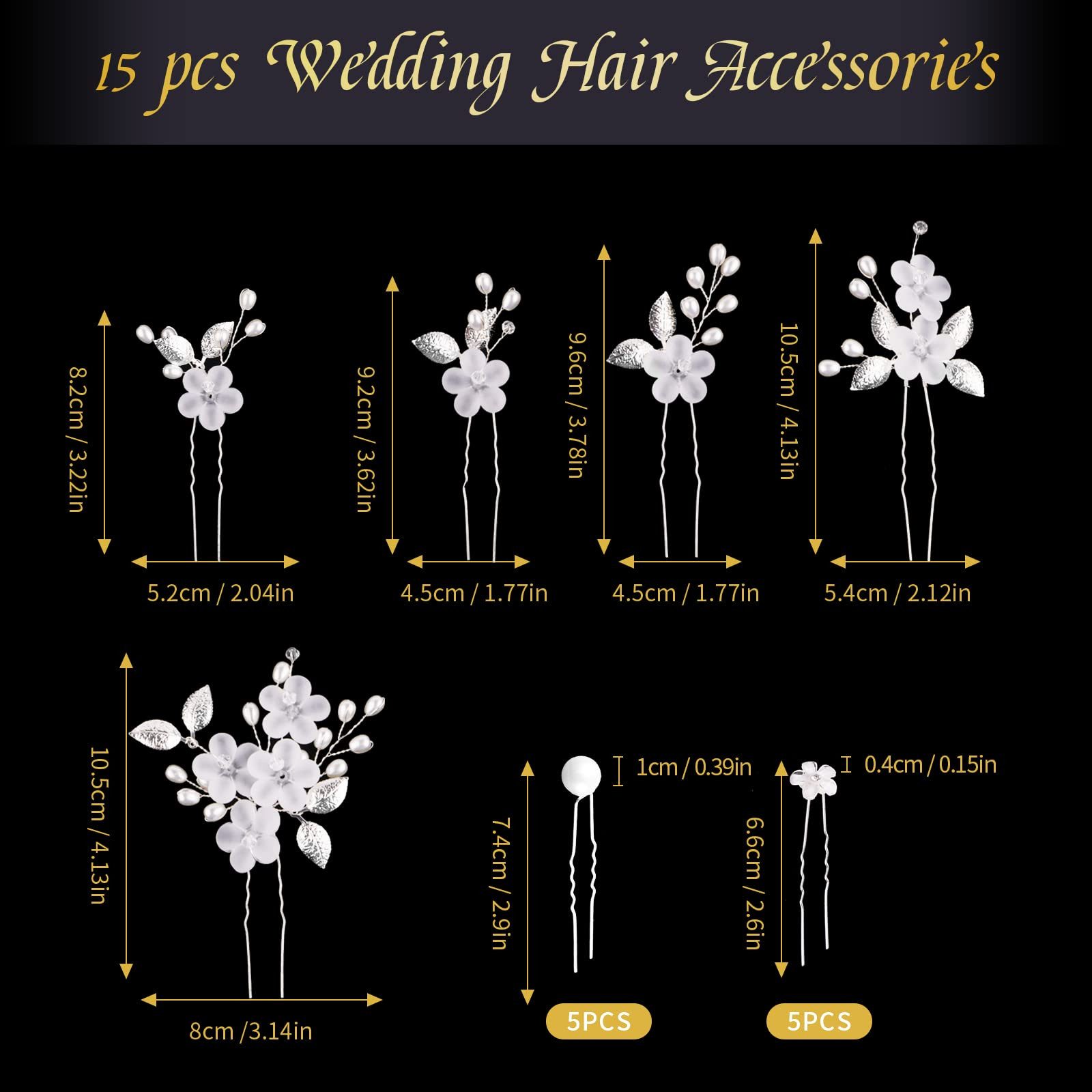 MOPUEA Haarnadeln 15 Stück Haarschmuck Hochzeit Set mit Perlen und Blume, Set, 15-tlg., U-förmig Haarspangen Strass, Haarnadeln für Braut und Brautjungfe