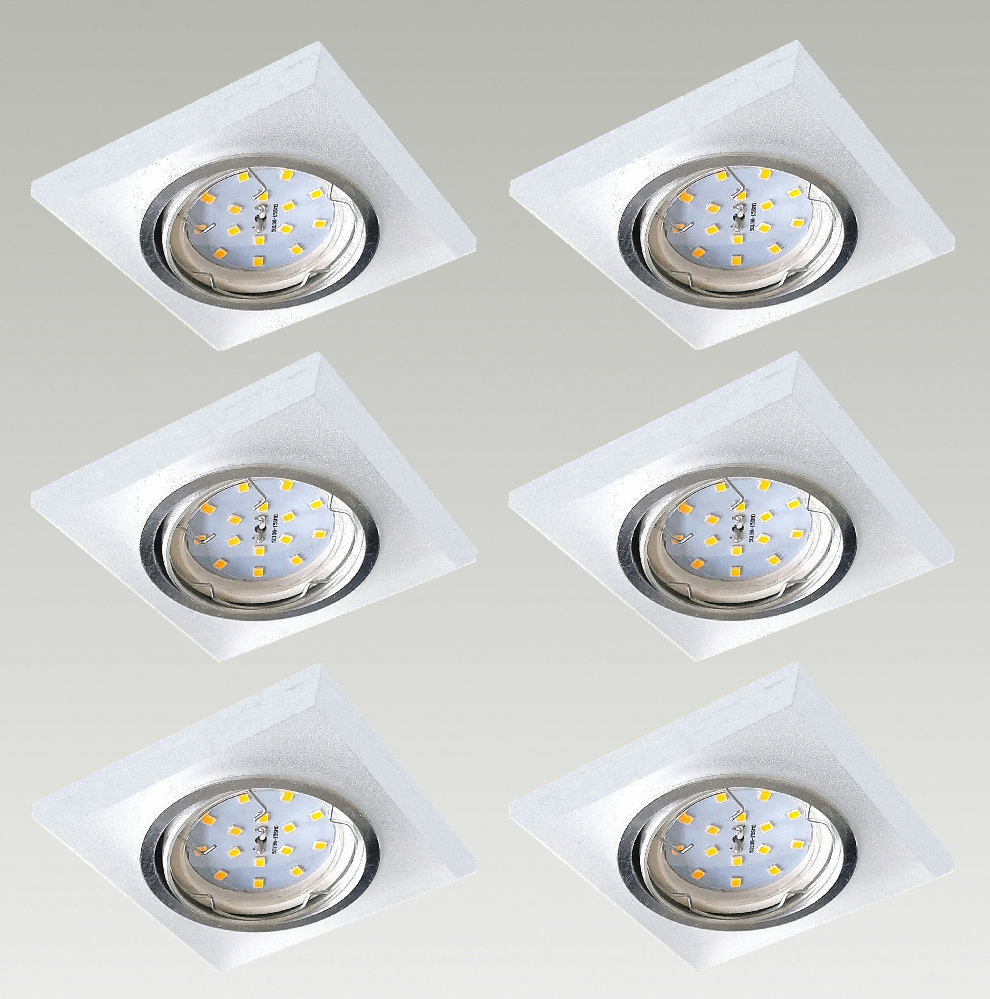 TRANGO LED Einbauleuchte, 6729(S)-06GUSD-AK 6er Set *CRYSTAL* LED Deckenstrahler aus satiniertem Glas & Alu inkl. 6x 3-Stufen dimmbar GU10 LED Leuchtmittel 3000K warmweiß, Einbauspot, Deckenleuchte, Deckenspots