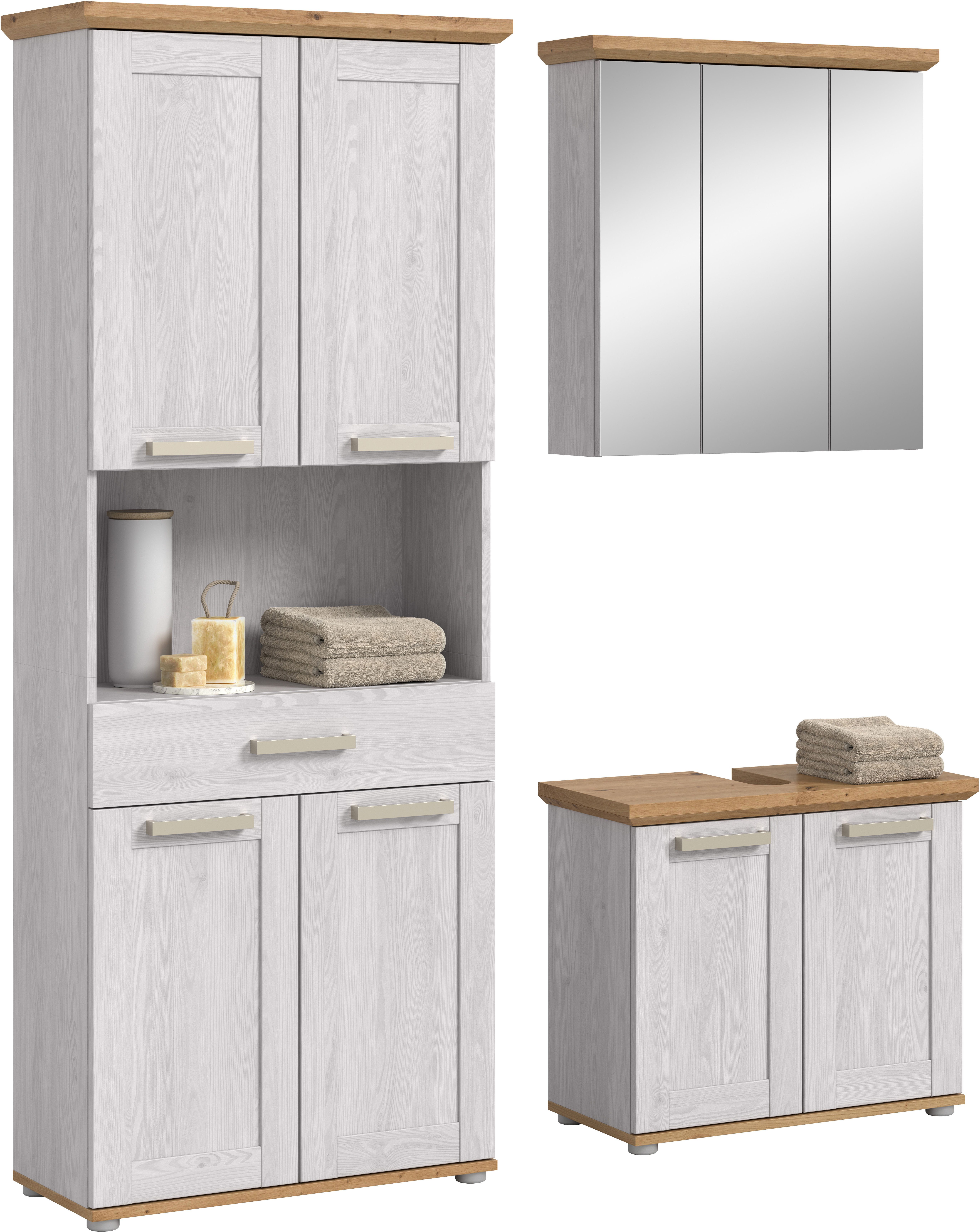 welltime Badmöbel-Set COSENZA, 3-teilig, in Landhausoptik, mit farblich abgesetztem Kranz, (3-St., best. aus: Hochschrank, Spiegelschrank und Waschbeckenunterschrank), Bad-Kombination, Badezimmer, Kombi, Bad, Bad-Möbel