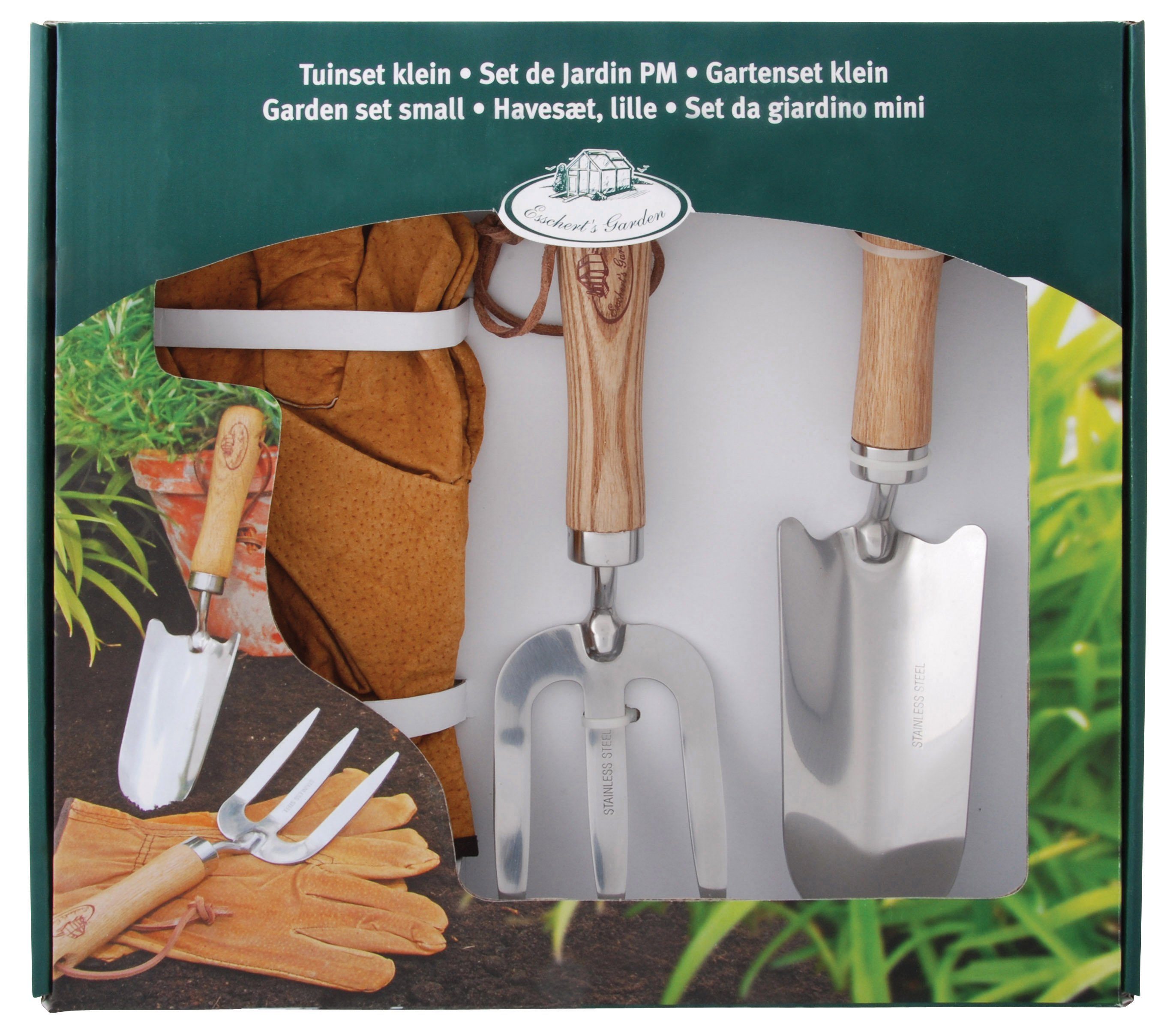 esschert design Gartenpflege-Set 3er Set Gartenset Blumenkelle Handgabel Lederhandschuhe Geschenk