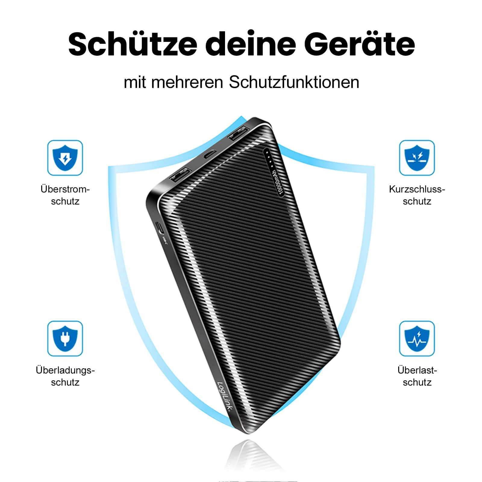 LogiLink mobile Powerbank 10000 mAh (5 V, 1 St), Ausgang: 2x USB-A, 1x USB-C, Eingang: 1x Micro-USB, 1x USB-C
