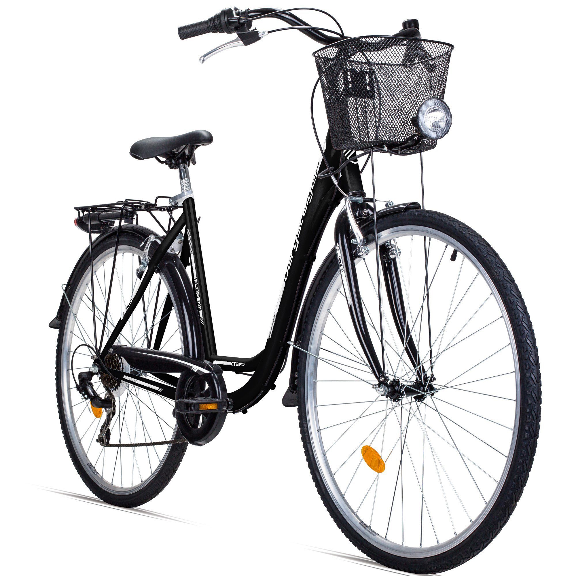 bergsteiger Cityrad Florenz 28 Zoll Damenfahrrad mit Korb, Beleuchtung, ab 160 cm, 7 Gang Shimano Tourney RD-TY21 Schaltwerk, Kettenschaltung, V-Bremsen