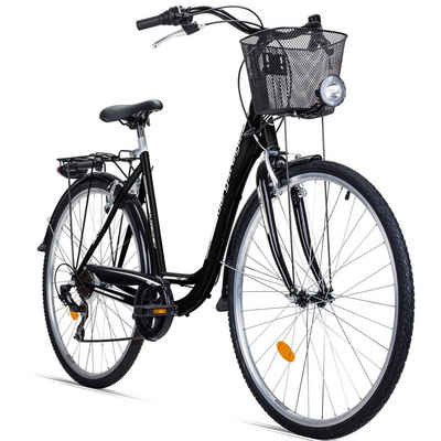 bergsteiger Cityrad Florenz 28 Zoll Damenfahrrad mit Korb, Beleuchtung, ab 160 cm, 7 Gang Shimano Tourney RD-TY21 Schaltwerk, Kettenschaltung