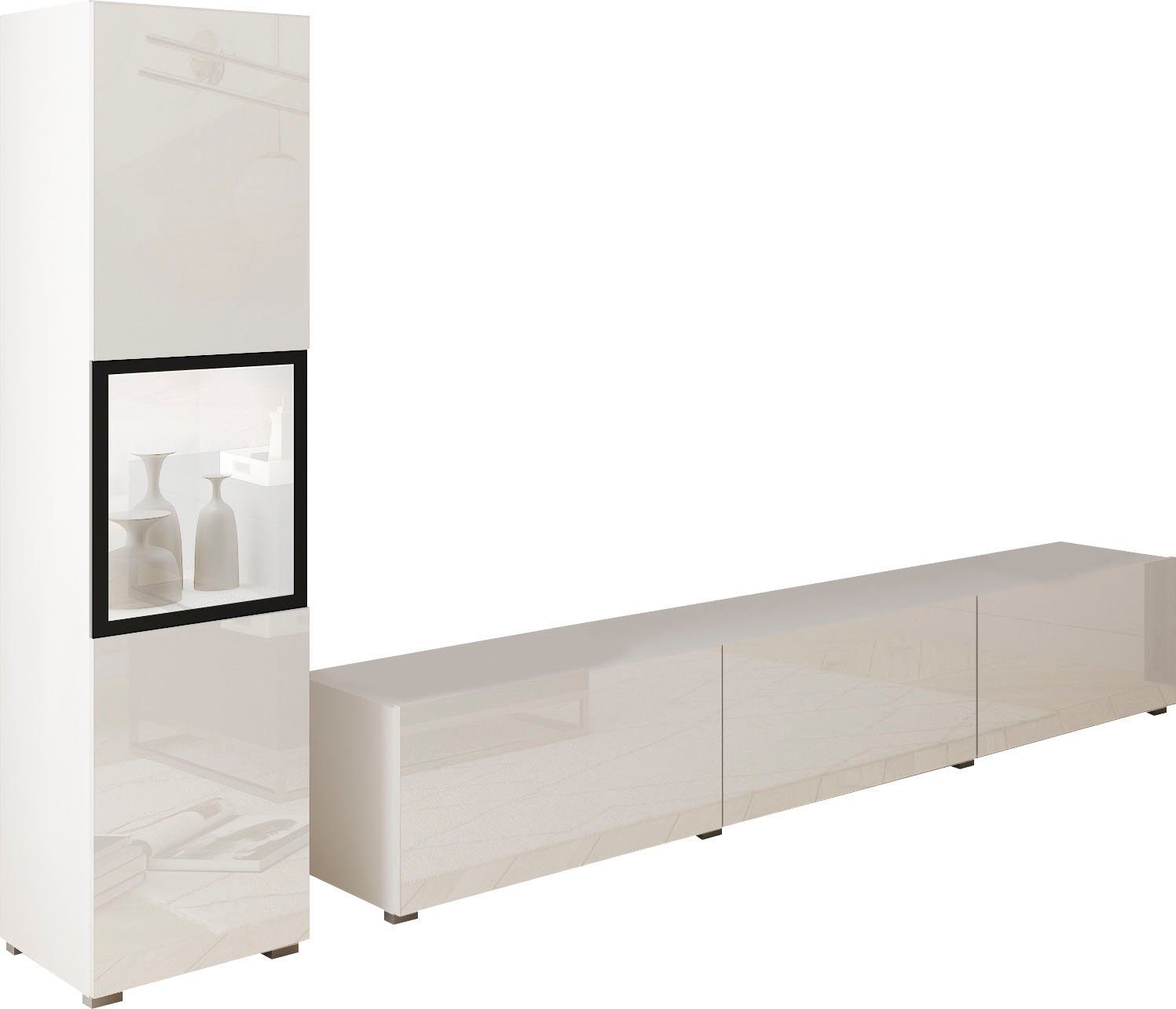 Home affaire Wohnwand BERLIN I, Vitrine Türschlag links/rechts wechselbar, (Komplett-Set, 2-St), moderne grifflose Mediawand Breite 220 cm, Vitrine mit Verglasung