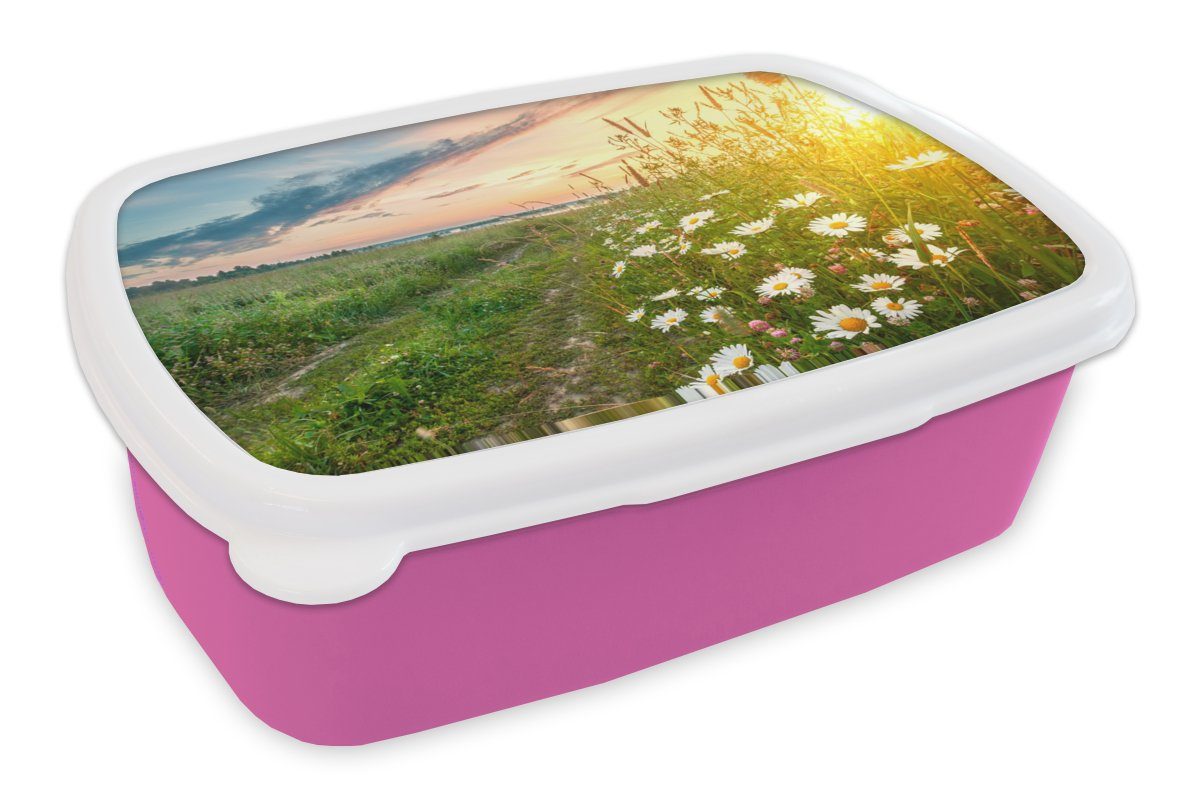 MuchoWow Lunchbox Blumen - Gänseblümchen - Natur - Sonne - Horizont, Kunststoff, (2-tlg), Brotbox für Erwachsene, Brotdose Kinder, Snackbox, Mädchen, Kunststoff rosa