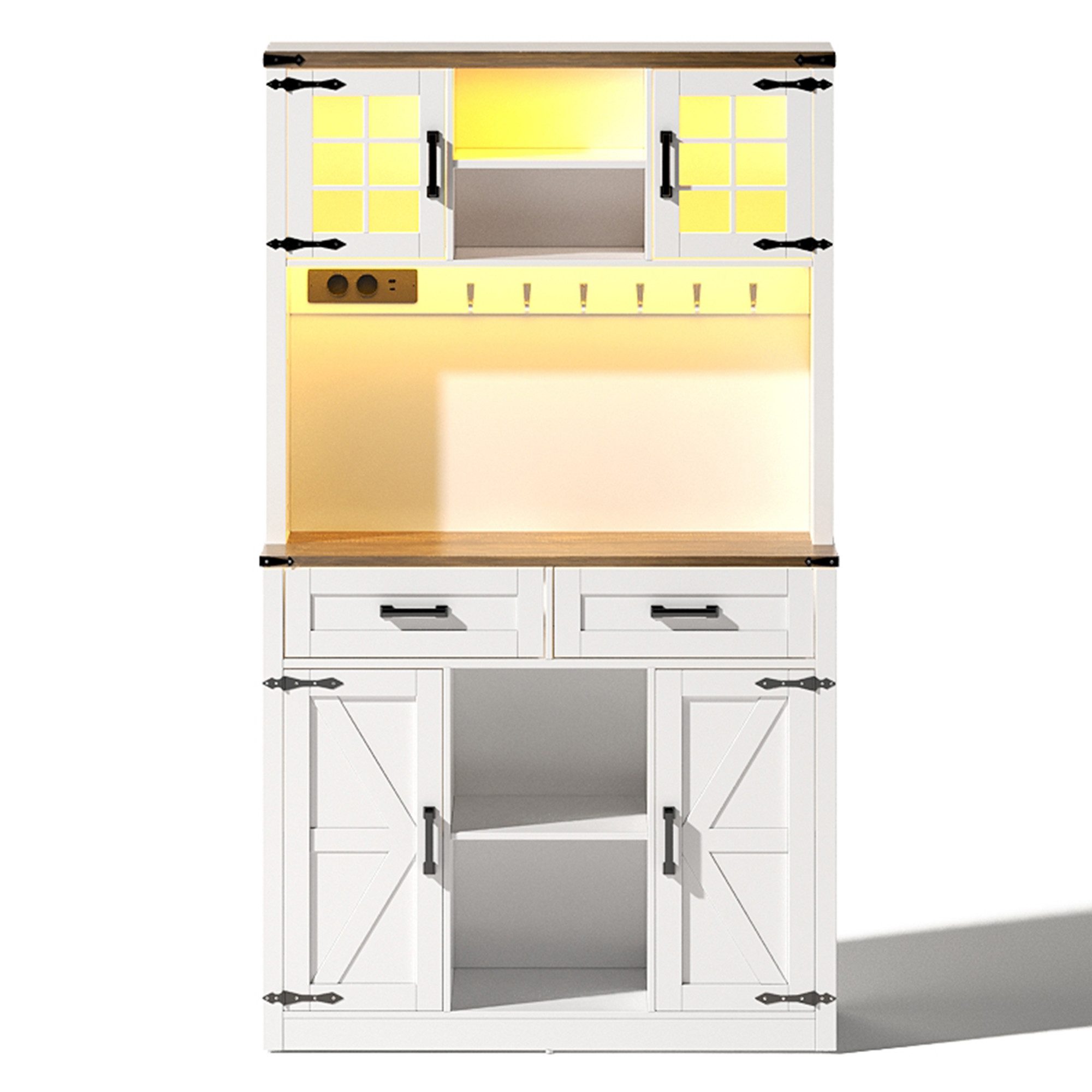 Welltin Barschrank Barschrank mit LED-Beleuchtung und integrierten Steckdosen Buffetschrank im Scheunentor Design mit verstellbaren Böden