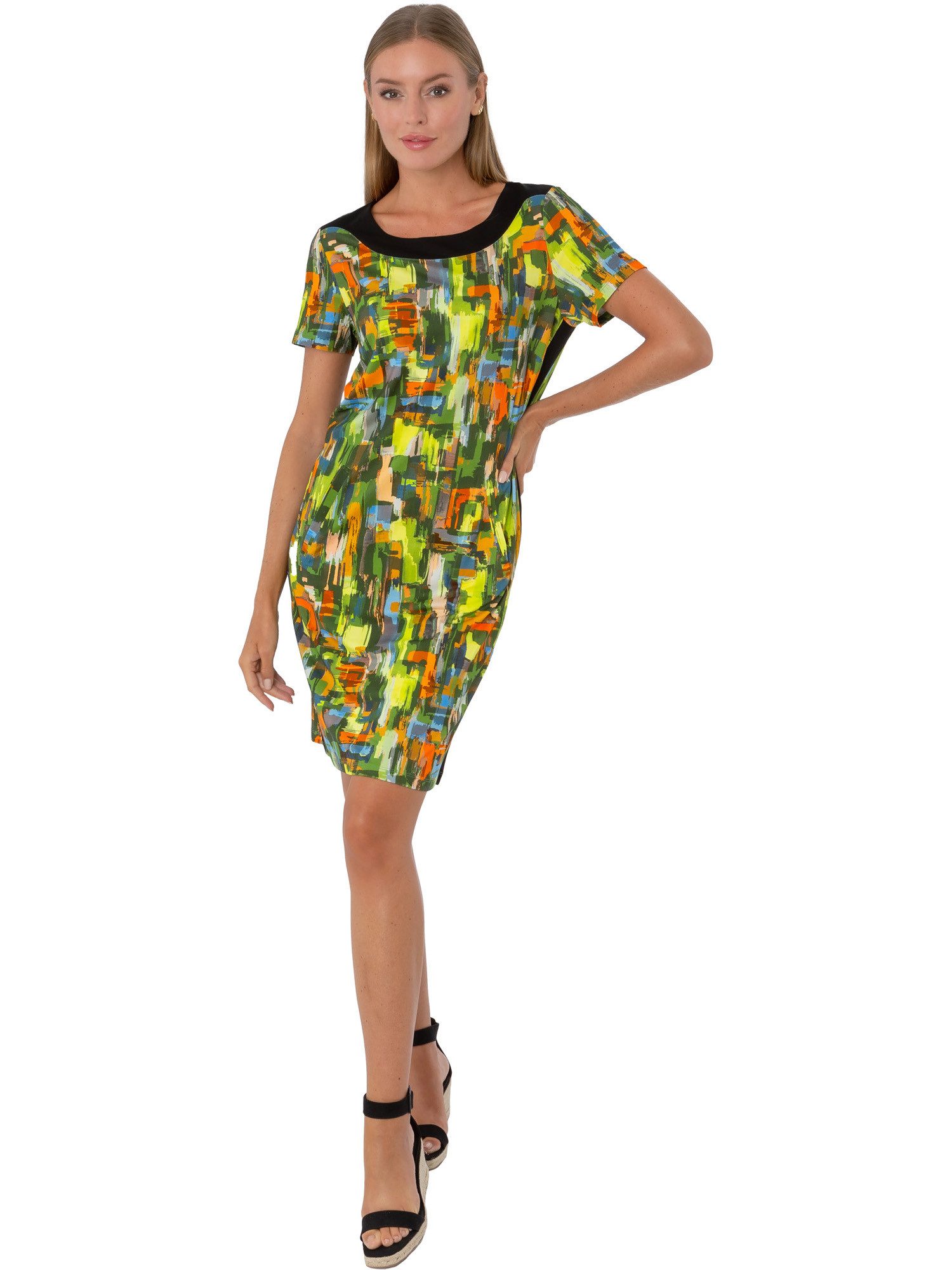 Estefania for woman Sommerkleid 195-5209, buntes abstraktes Muster mit schwarzer Blende schwarze Einsätze an beiden Seiten