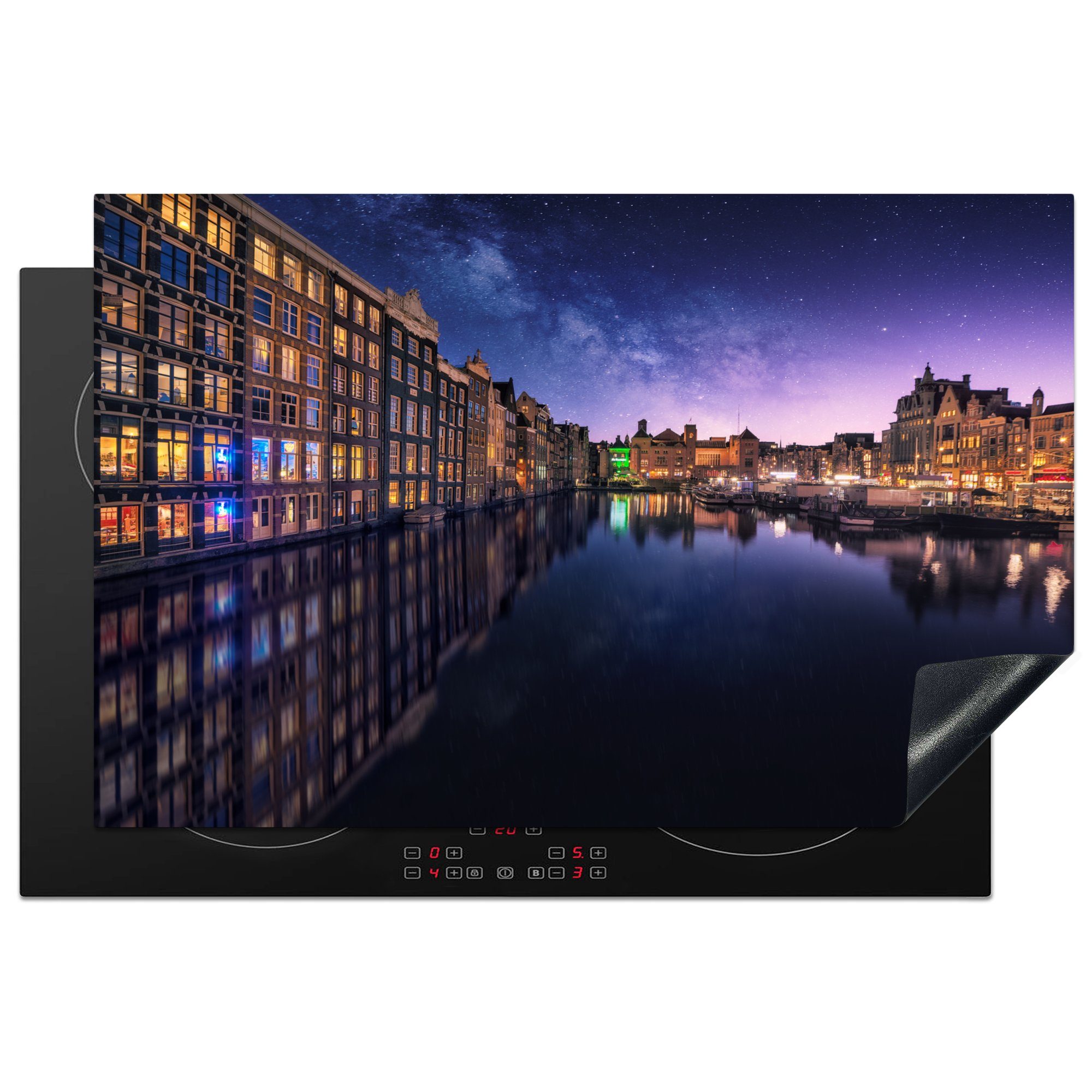 MuchoWow Herdblende-/Abdeckplatte Amsterdam - Grachtenhäuser - Nacht - Dämmerung - Gracht, Vinyl, (1 tlg), 81x52 cm, Induktionskochfeld Schutz für die küche, Ceranfeldabdeckung