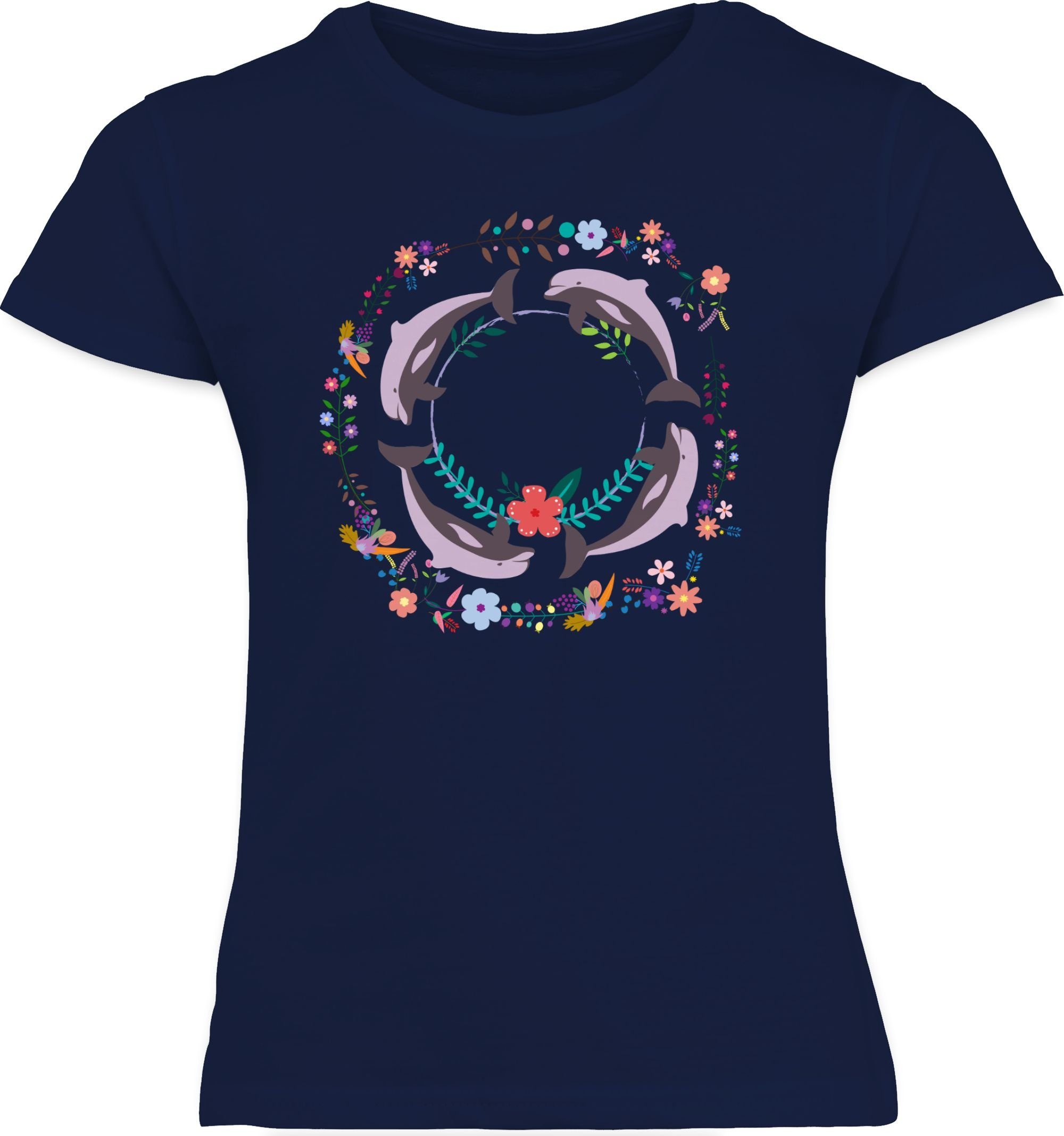 Shirtracer T-Shirt Vintage Delfine Tiermotiv Print Animal Flowers Blumen Dolphin Dunkelblau 2