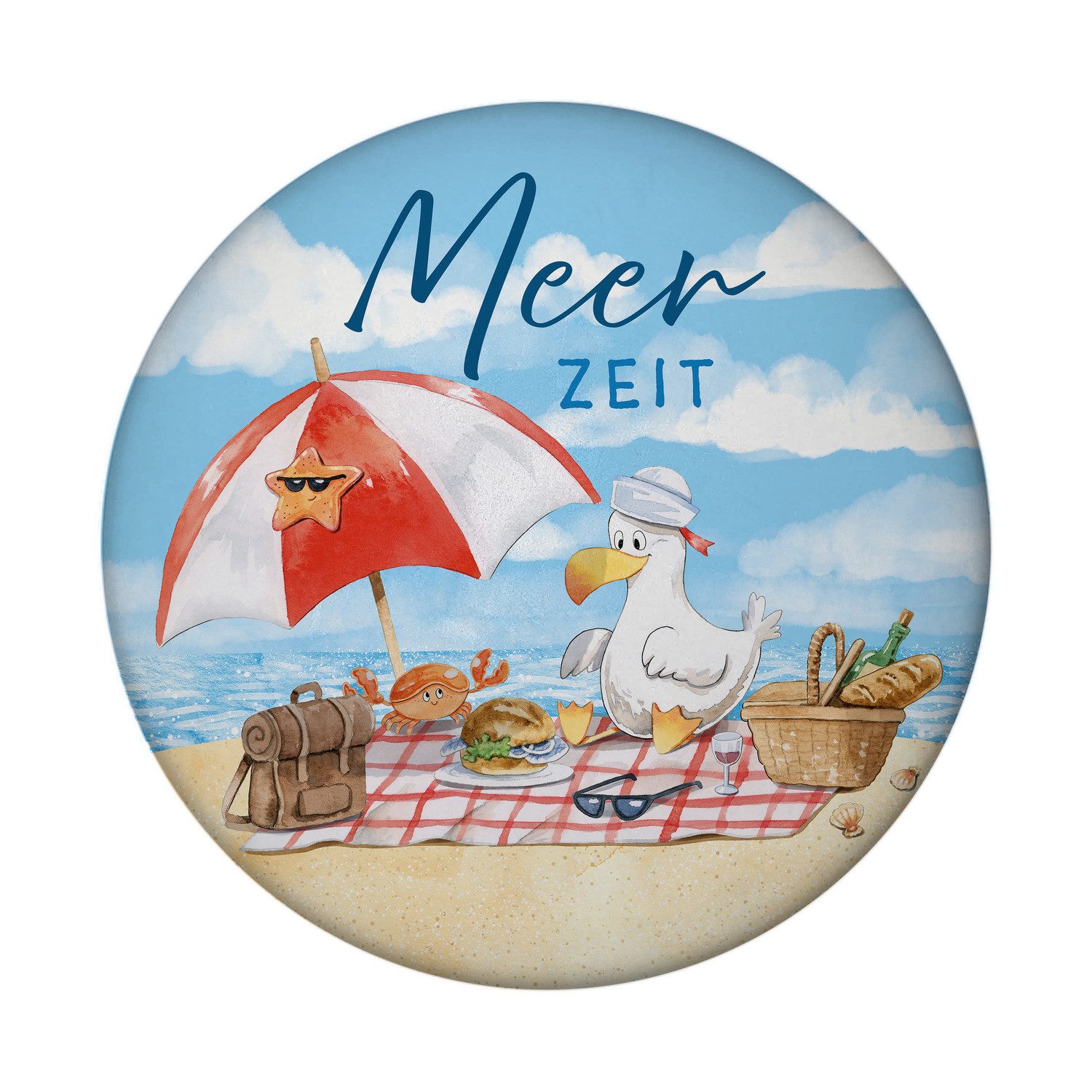speecheese Magnet Möwe am Strand Magnet mit Flaschenöffner rund mit Spruch Meerzeit