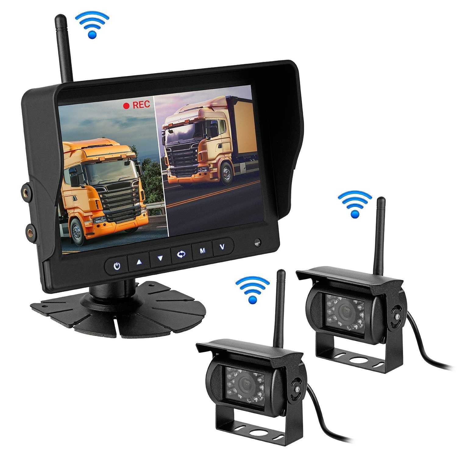 CARMATRIX BDW-710C+2 Rückfahrkamera (LKW Trailer Funk Rückfahrkamera HD Set 7" Monitor 2 x Rückfahrkamera, Aufnahmefunktion, SD Karte, Mikrofon, Audio, Distanzlabel, IPS Monitor)