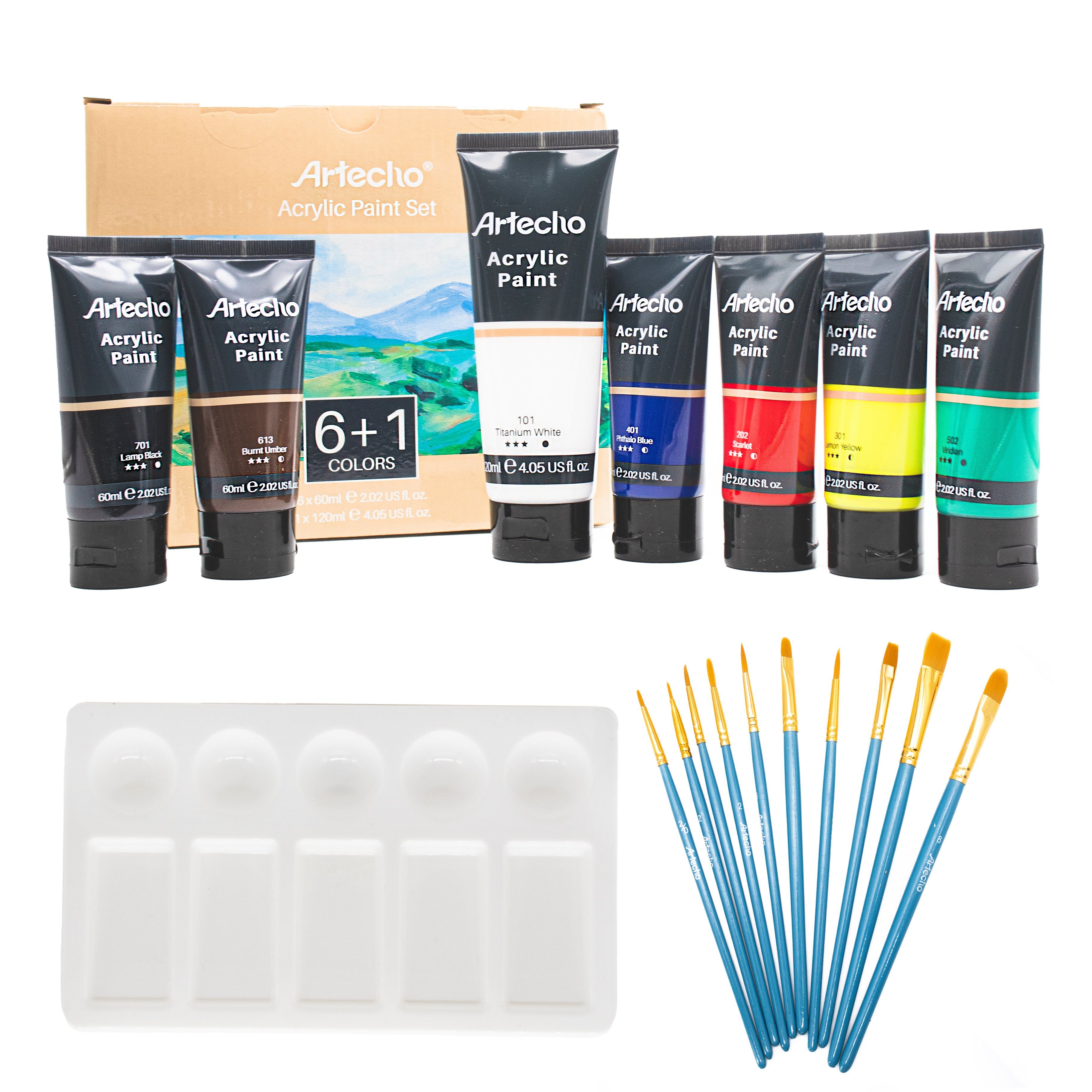 Artecho Acrylfarbe 6 x 60ml + 1 x 120ml Wasserfest Acrylfarben mit 10 Pinseln & 1 Palette, für Papier, Ton, Holz, Steine – zum Reisen, Malen & Freude verschenken