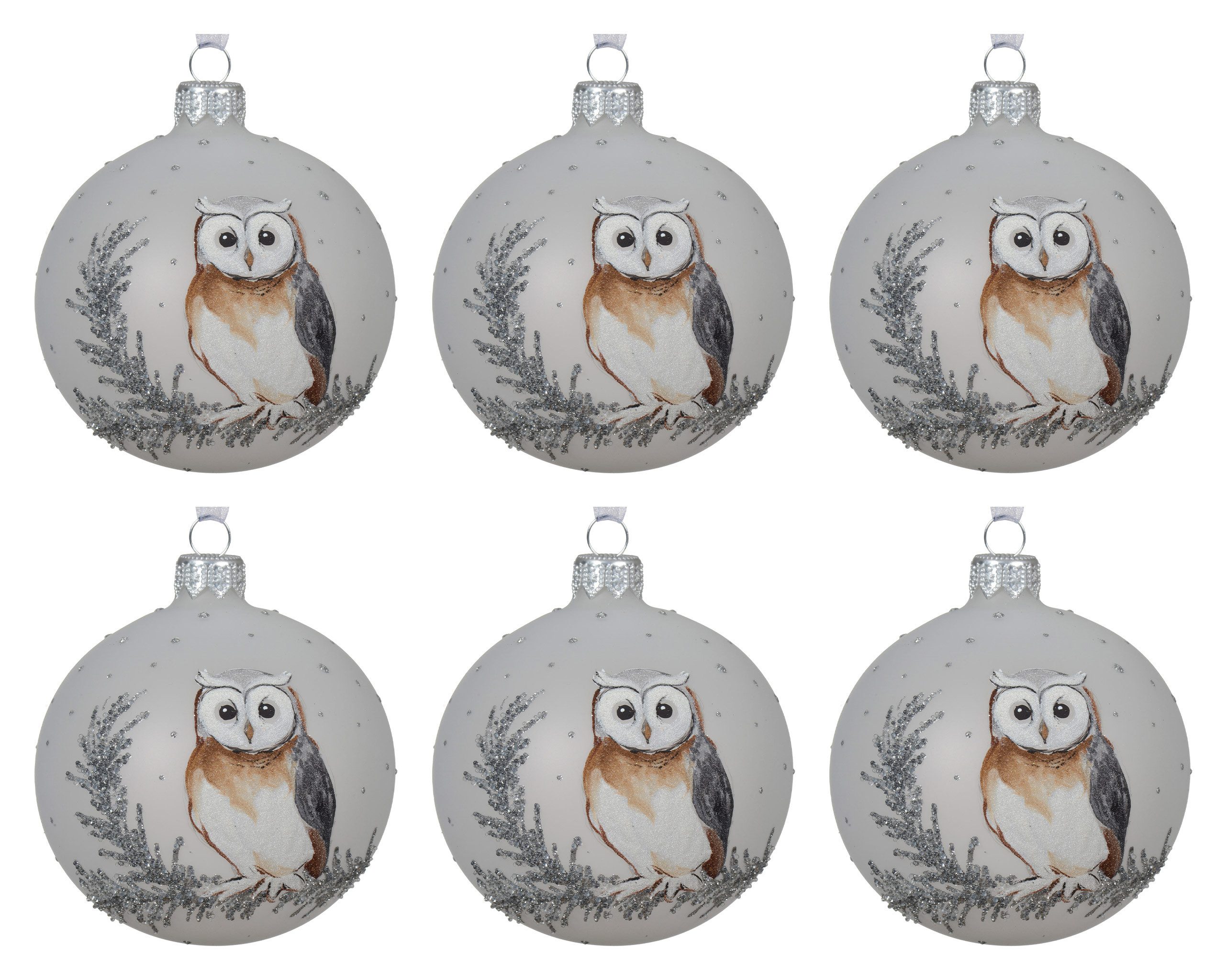 Kaemingk Weihnachtsbaumkugel, Weihnachtskugeln Glas 8cm Eule Motiv Handbemalt 6er Set Matt Weiß