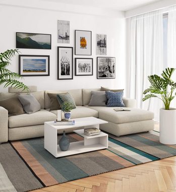 Home Collective Couchtisch weiß mit Stauraum, 90 x 50 x 45 cm (LxBxH), modernes Design, langlebiges Holz