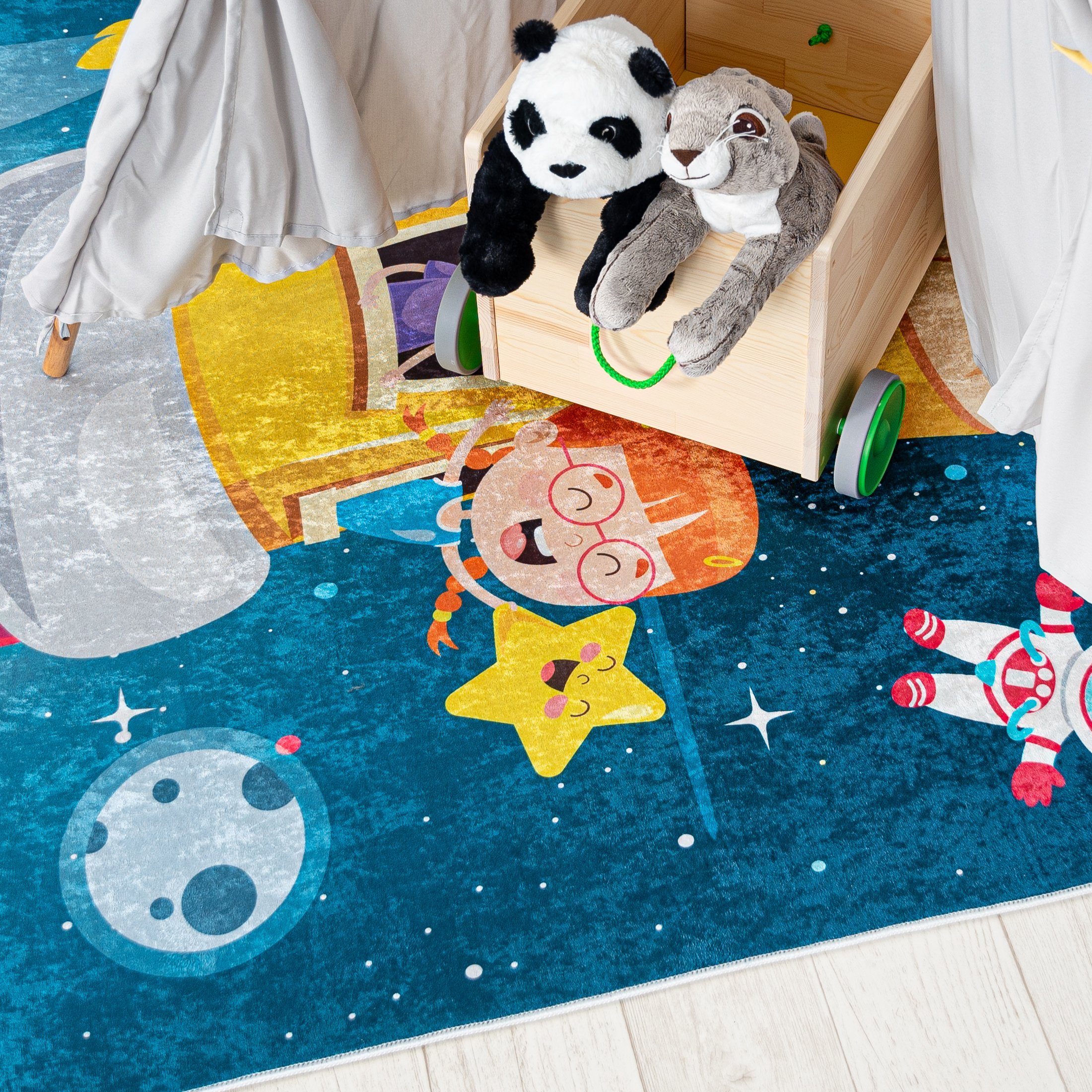 Mazovia Kinderteppich Kinderteppich Kinderzimmerteppich Planeten Weltraum, 80 x 150 cm, Kurflor, Waschbar in Waschmaschine, Höhe 5 mm, Rutschfest
