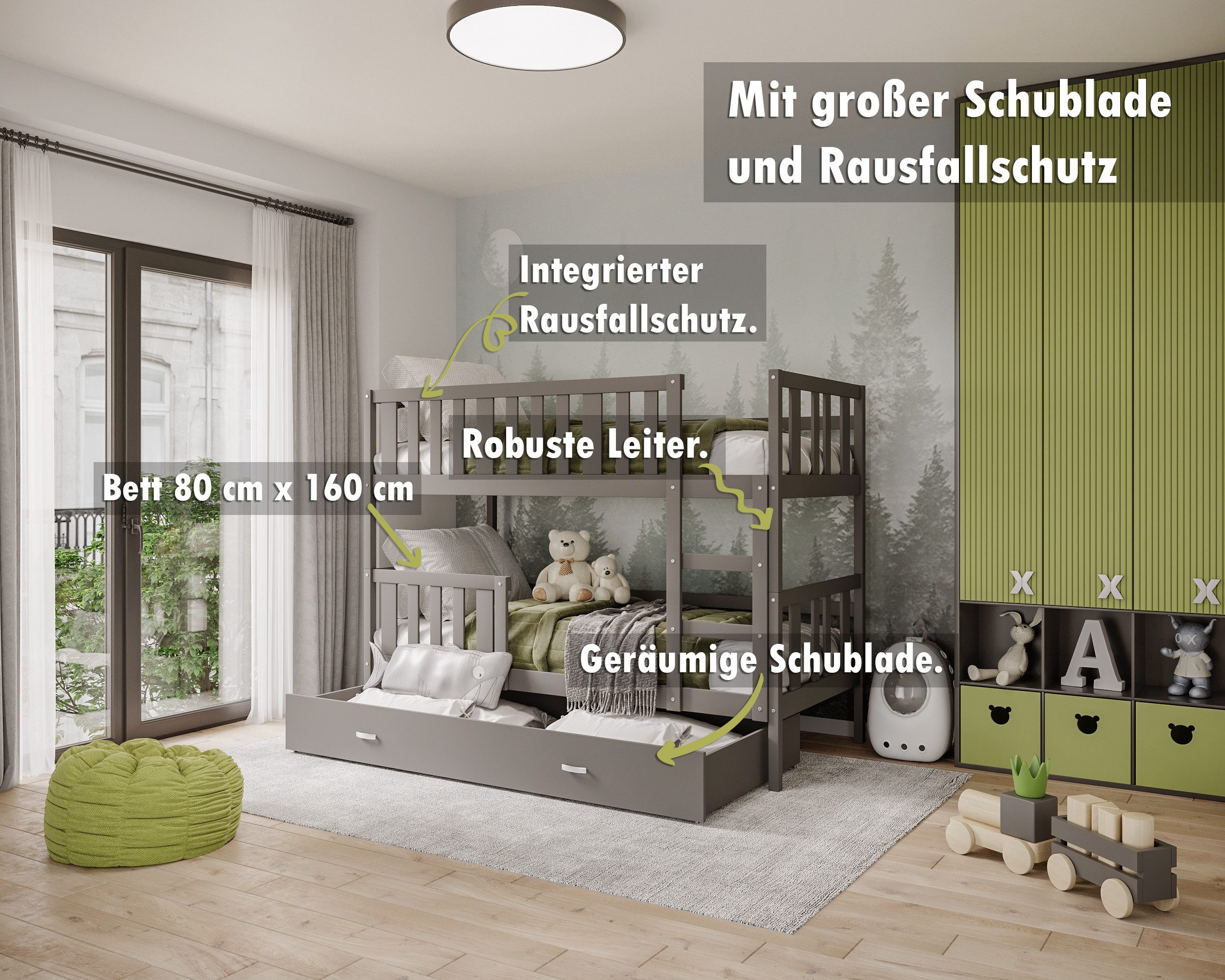 AJKmeble Hochbett mit Rausfallschutz, Etagenbett 80x160cm, günstig online kaufen