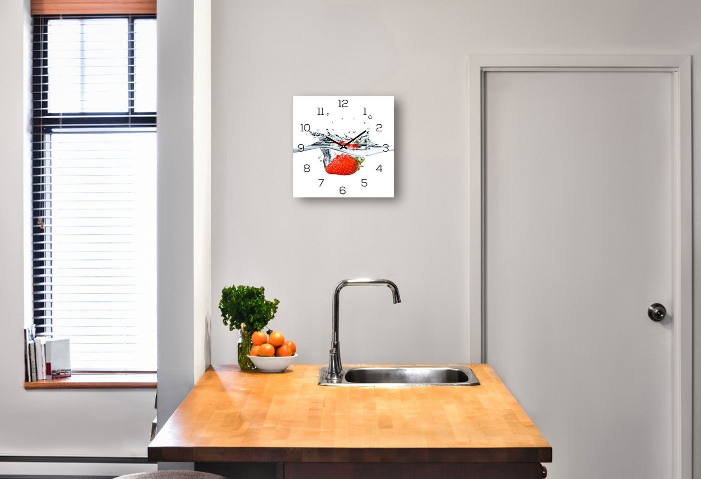 Levandeo® Wanduhr (Wanduhr Glas 30x30cm Uhr Glasbild Erdbeere Rot Wasser Fr günstig online kaufen