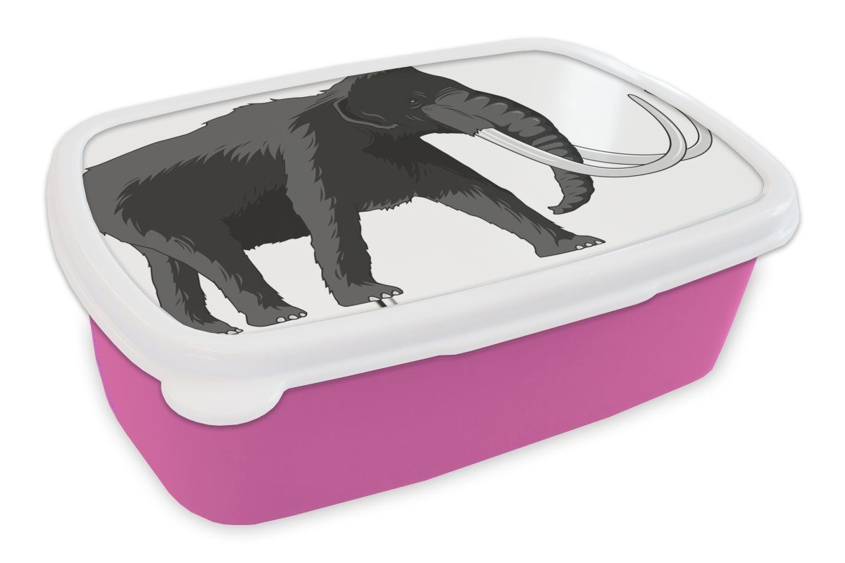 MuchoWow Lunchbox Illustration eines Mammuts - schwarz und weiß, Kunststoff, (2-tlg), Brotbox für Erwachsene, Brotdose Kinder, Snackbox, Mädchen, Kunststoff rosa