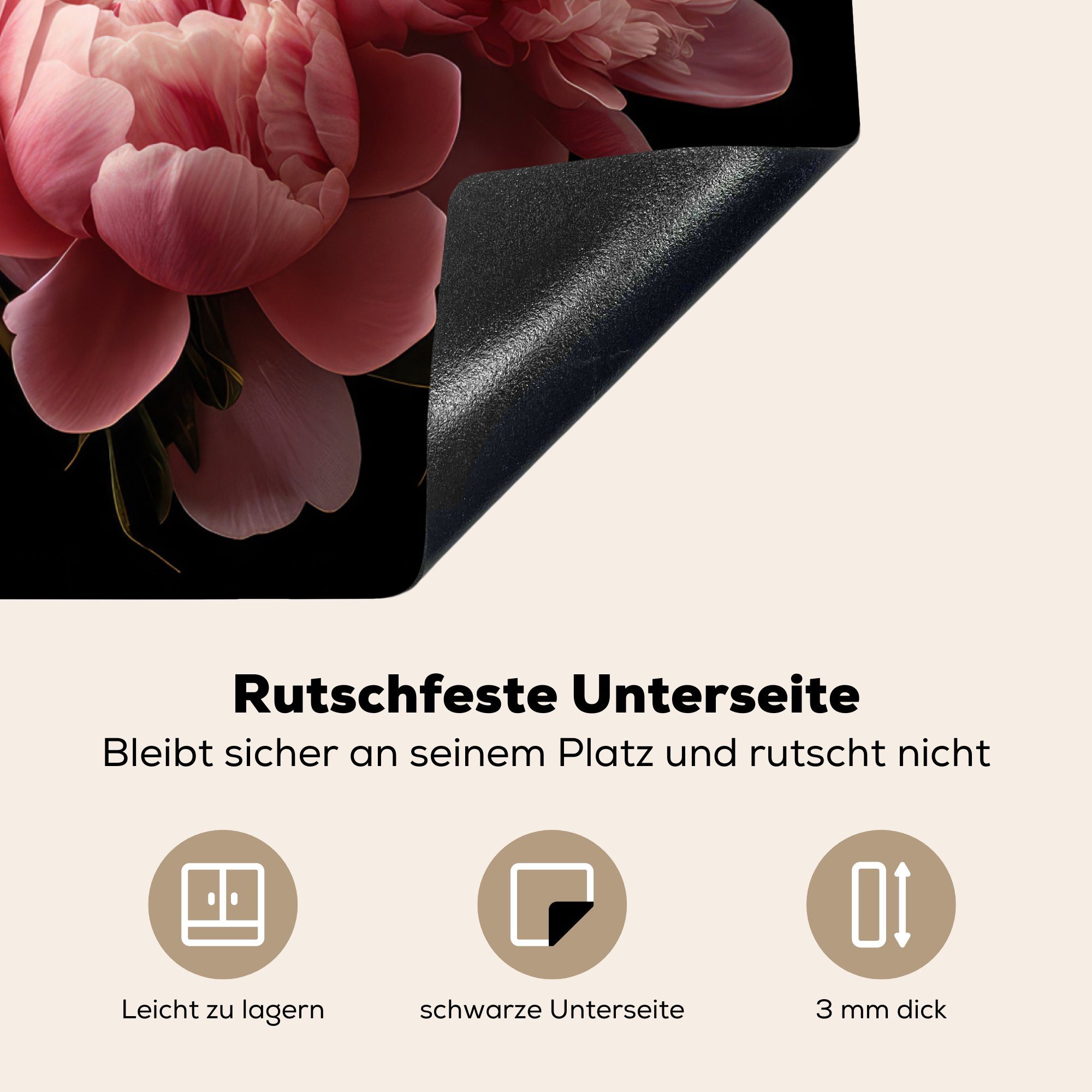 MuchoWow Herdblende-/Abdeckplatte Blumen - Pfingstrose (1 Ceranfeldabdeckung Vinyl, Arbeitsfläche - 60x52 - - tlg), Botanisch Rosa Mobile cm, nutzbar, Natur