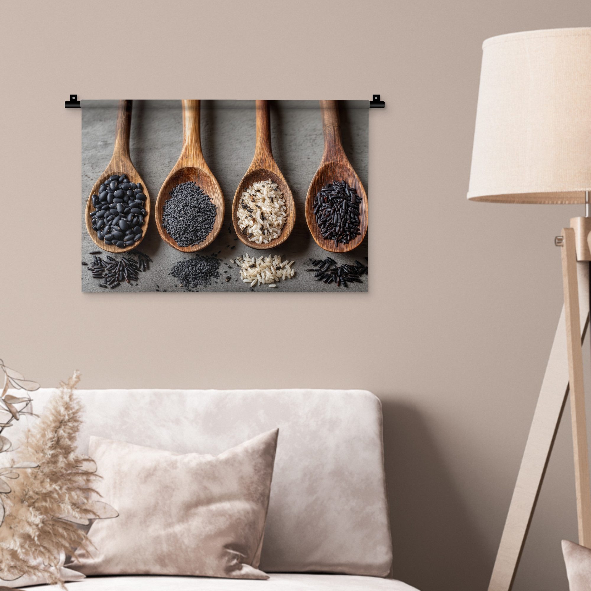 MuchoWow Wandteppich Holz - Löffel - Reis - Saatgut, Rechteckig, Höhe: 3 mm, Wandteppich für Wohnzimmer, Schlafzimmer, 60x40 cm