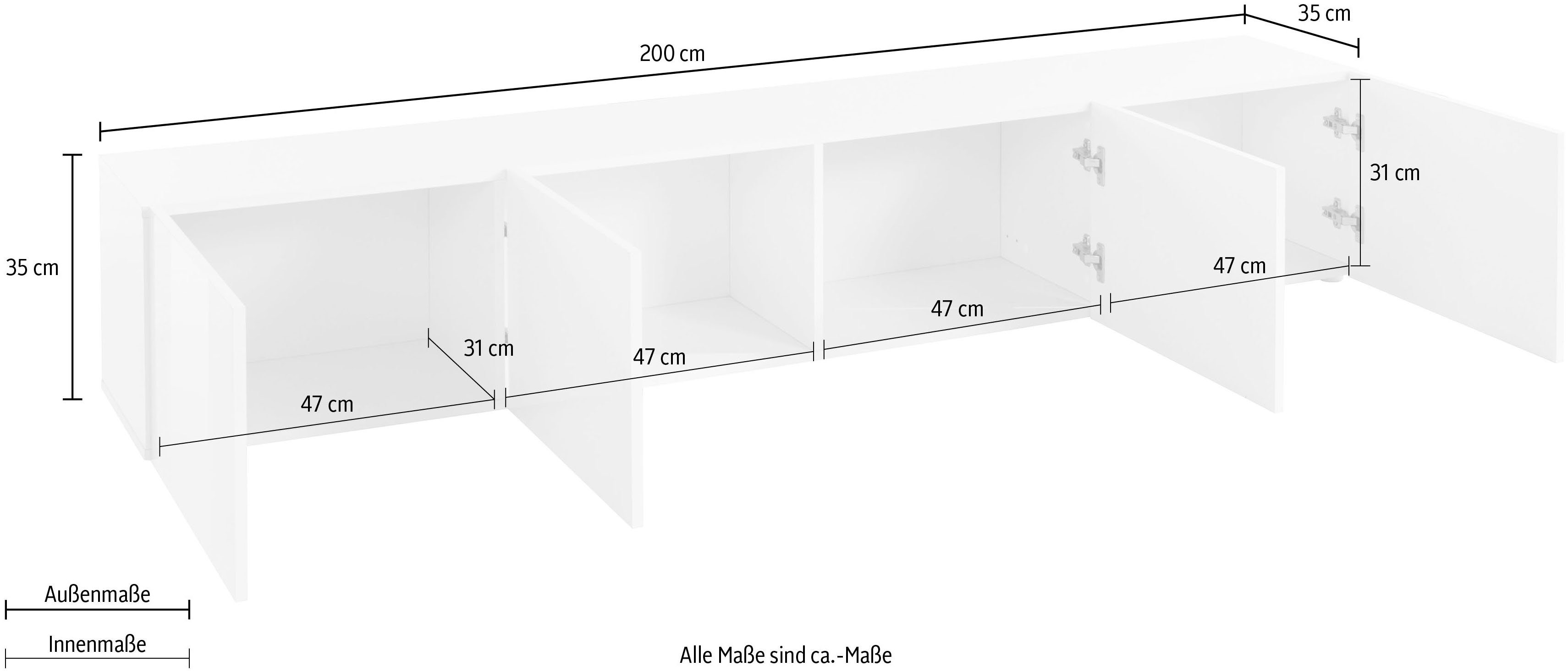 borchardt Möbel Lowboard Sophia, TV-Schrank mit 4 Türen, hängend oder stehend, Breite 200 cm mit 4 Türen, stehend und hängend