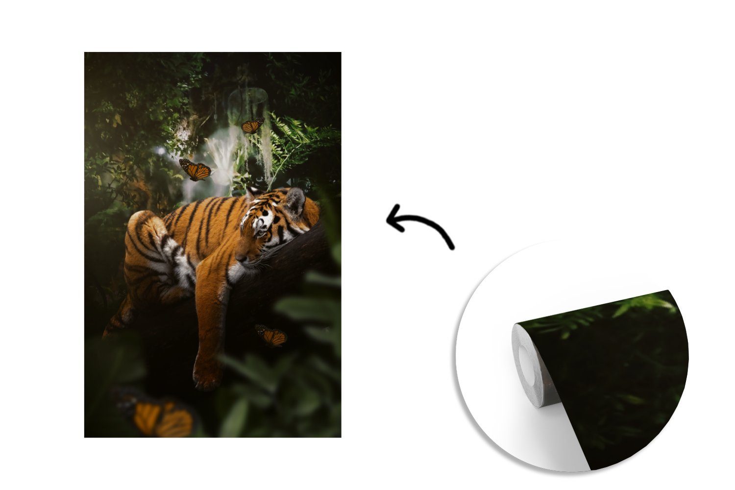 Vinyl MuchoWow (3 Schmetterling, Fototapete Tiger Tapete bedruckt, Montagefertig Matt, - Dschungel St), Wohnzimmer, für - Wandtapete