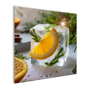 artissimo Glasbild Glasbild 30x30cm Bild Küche Küchenbild Esszimmer Cocktail bunt frisch, Kräuter und Obst : Eiswürfel Orange