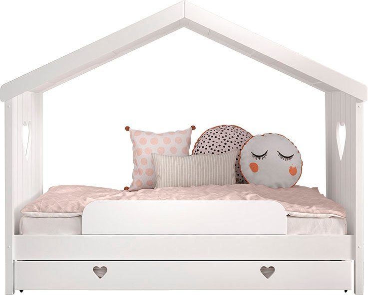 Vipack Hausbett Amori, inkl. Dach, Rückseitig offen, mit Rolllattenrost (B/H/T ca. 213x171,7x98,7cm, verspielte Herz-Ausschnitte seitlich), wahlweise, mit oder ohne Schublade und Absturzschutz, weiß lackiert