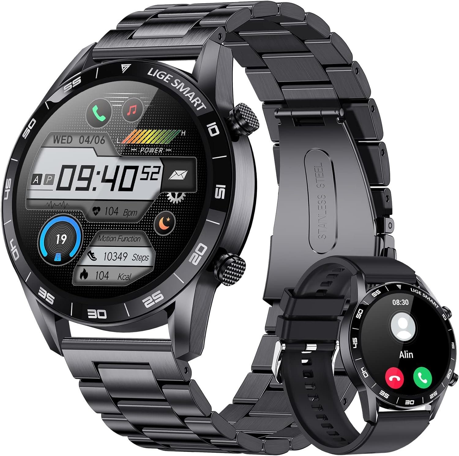 FoxBox Herren mit Telefonfunktion Amoled Bildschirm Smartwatch (1.39 Zoll, Andriod iOS), mit SpO2 Schlafmonitor 24/7 Herzfrequenz 110+Sportmodi IP68Wasserdicht