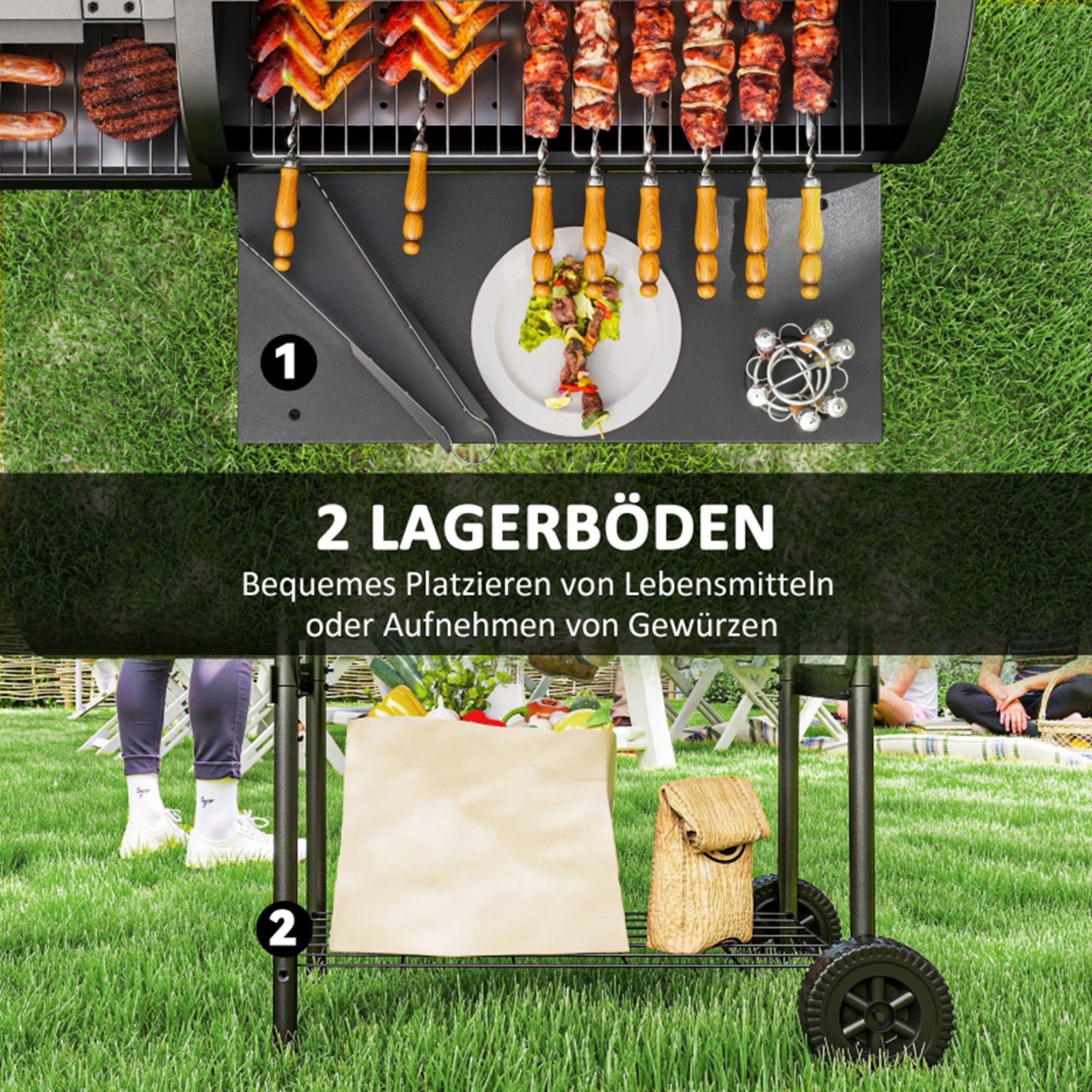 MC Star Holzkohlegrill aus Stahl BBQ Smoker mit Deckel Thermometer Räder Ablage fahrbar, mit Luftzufuhr Kohlewanne, Kohlegrill Kohlegrillwagen für Barbeque Camping, Garten 109x60x120 cm