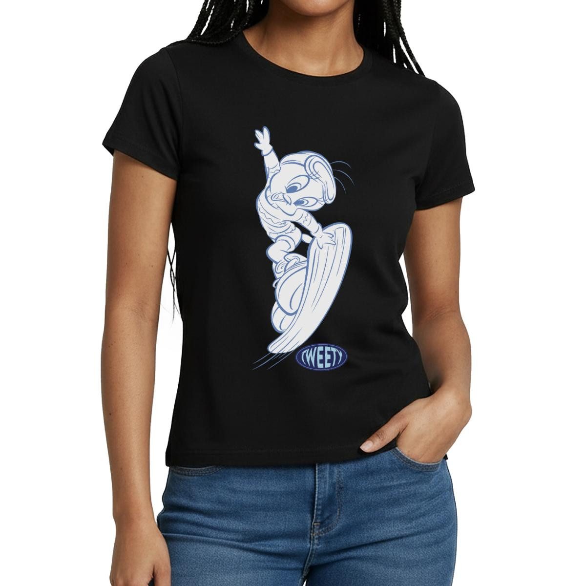 Spreadshirt T-Shirt Looney Tunes Tweety Mit Snowboard Frauen T-Shirt (1-tlg) Slim Fit, fällt klein aus