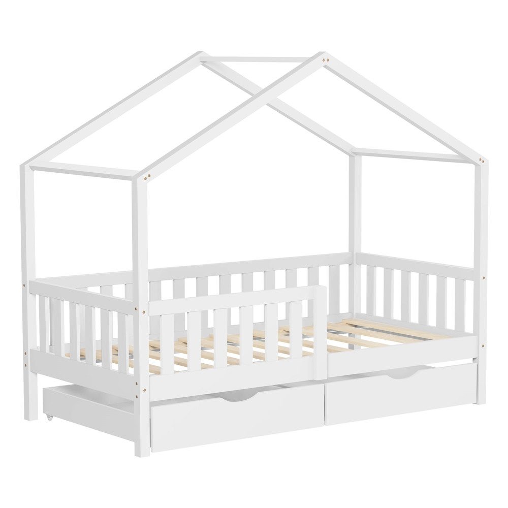 ML-DESIGN Spielbett Hausbett Kinderbett inkl. 2 Schubladen, Lattenrost und Rausfallschutz, Abenteuerbett 80x160cm Haus Bett Himmelbett Kiefer Jugendbett Weiß