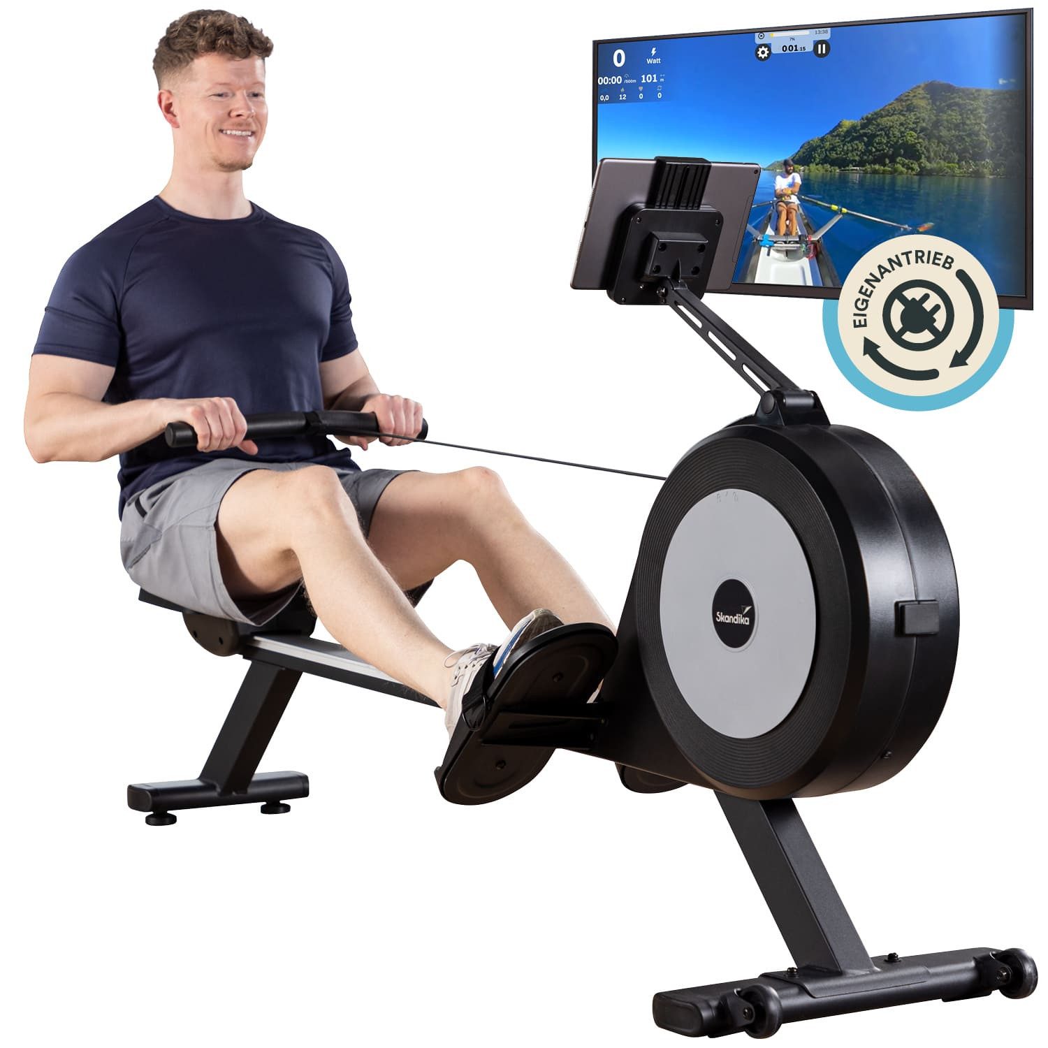 Skandika Rudergerät für zuhause Njord P6-G, 32 elektrische Widerstandsstufen, Magnetbremse (LED-Anzeige, Transportrollen, Tablet-Halter), Kinomap App, bis 200 cm und 135 kg, Selbstgenerierend, aufstellbar